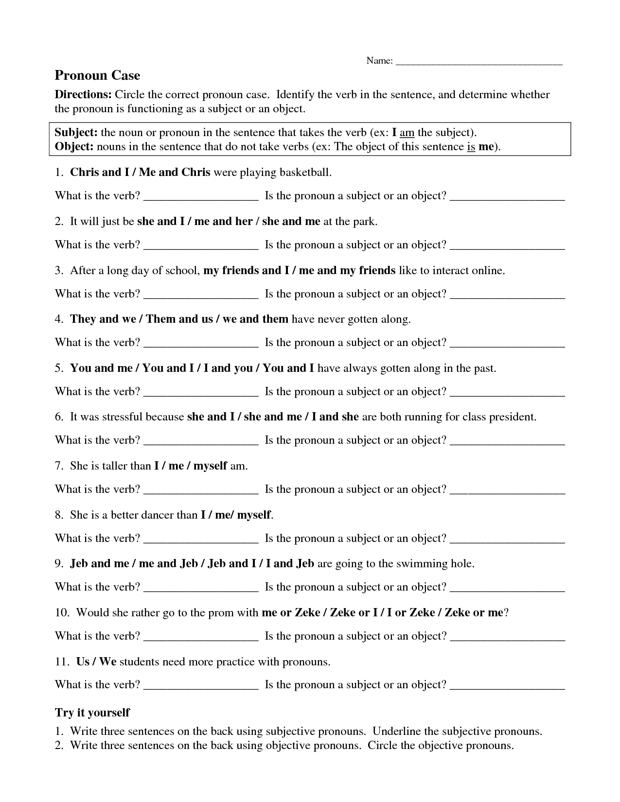 Objective Case Pronouns Worksheet