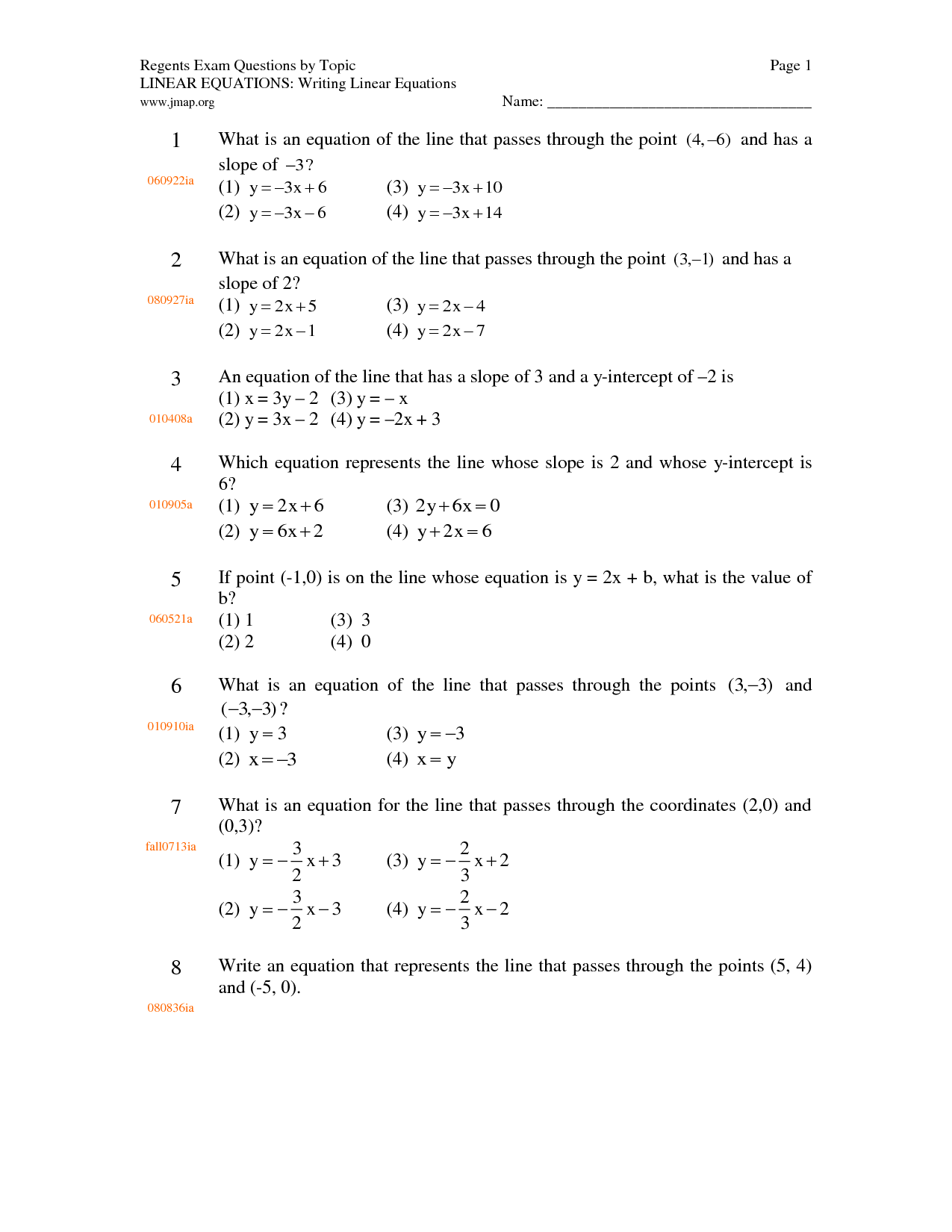 Writing Linear Equations Worksheet Answers