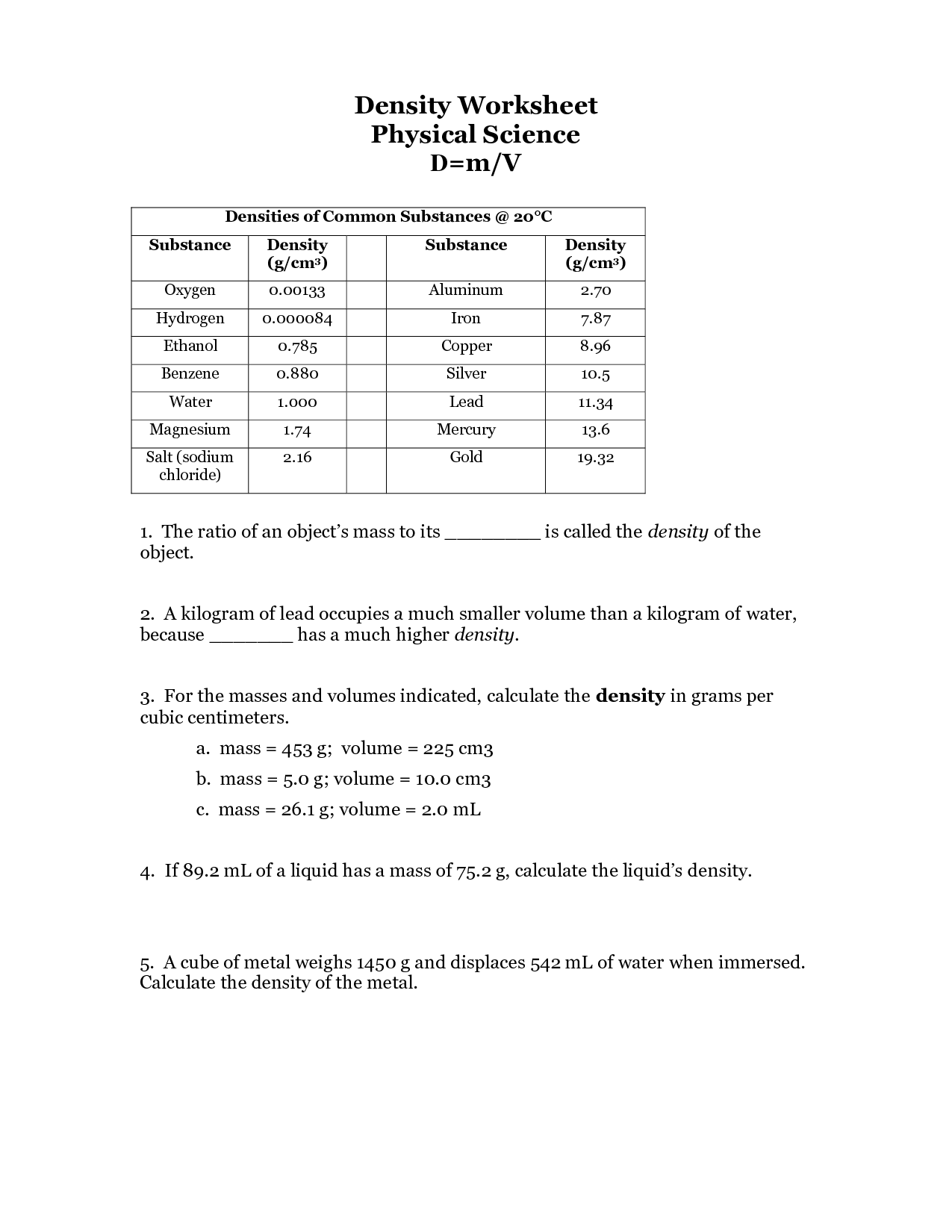 Density Calculations Worksheet Answers