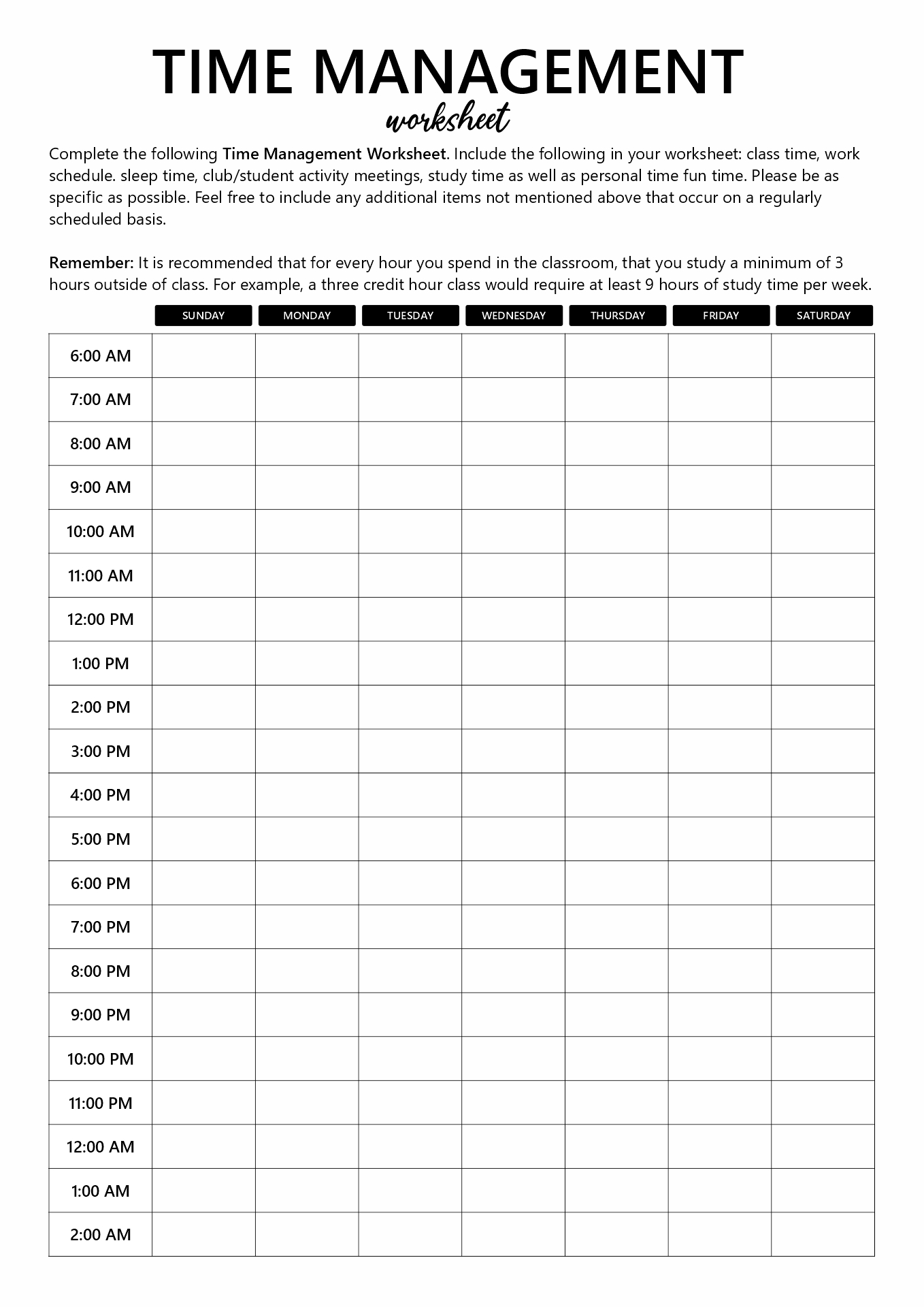 Time Management Free Printable Worksheets