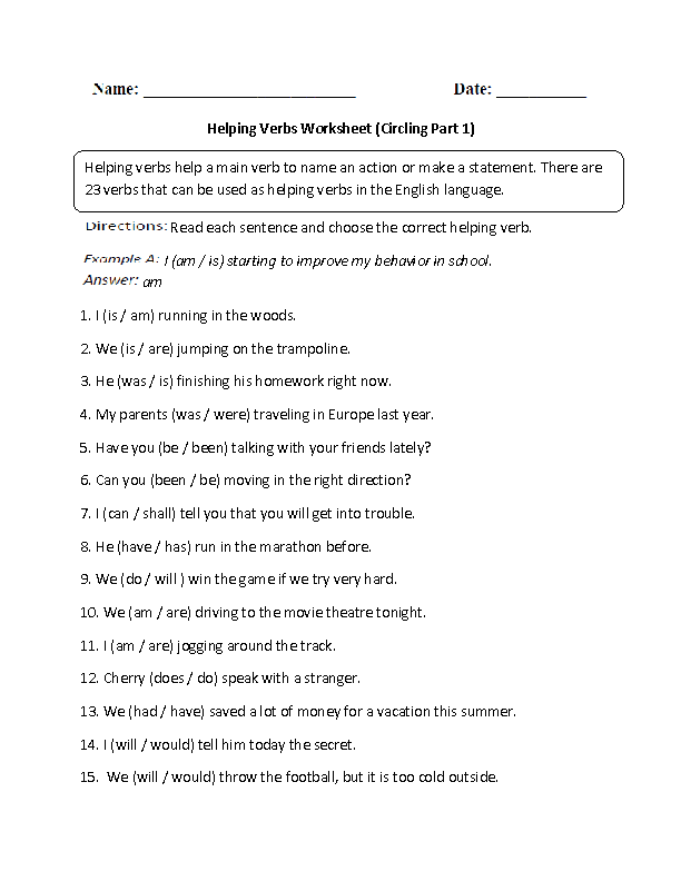 Helping Verbs 3rd Grade Worksheets