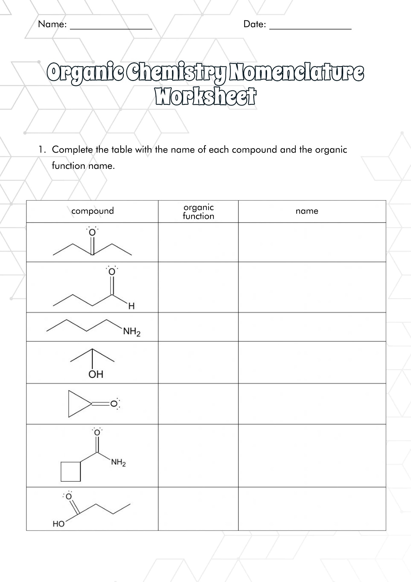 Organic Molecules Worksheet Answer Key