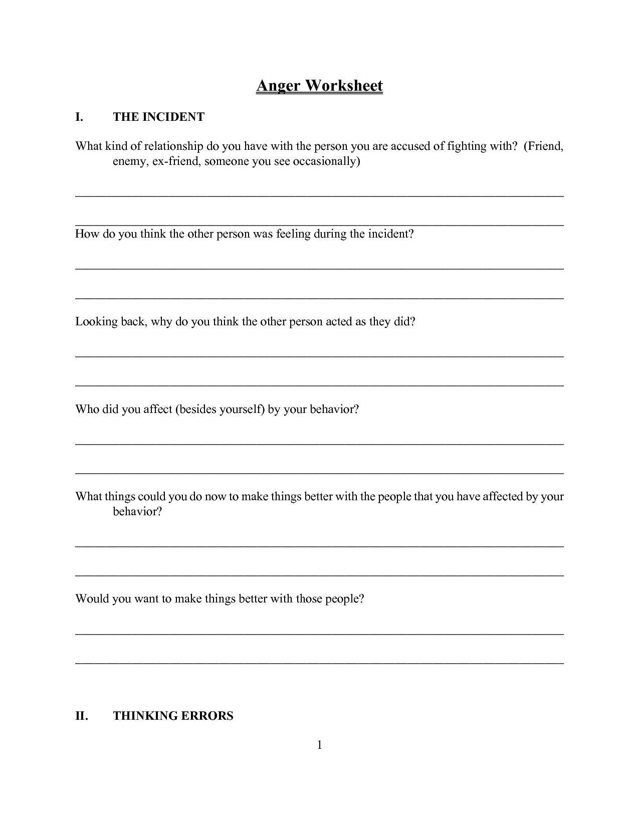 Anger Management Worksheet For Teens