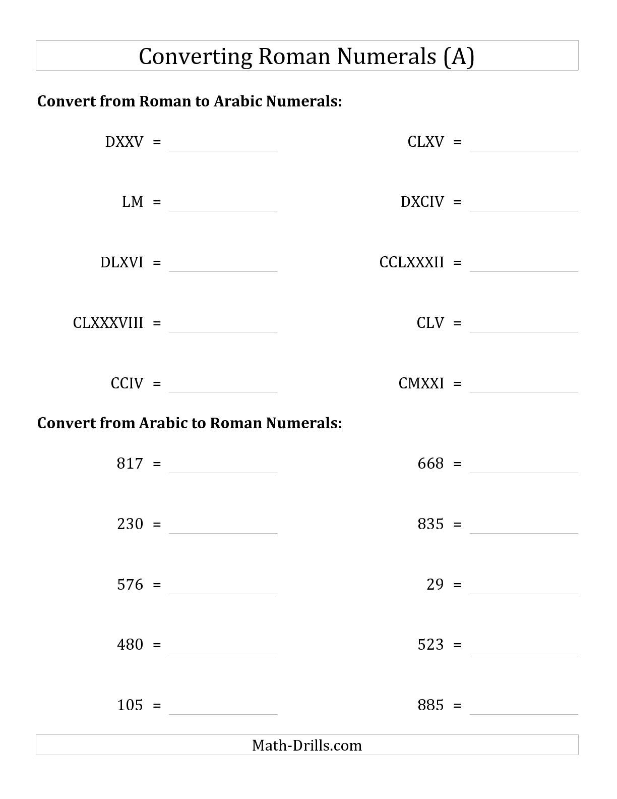 Roman Numeral Conversion Worksheet