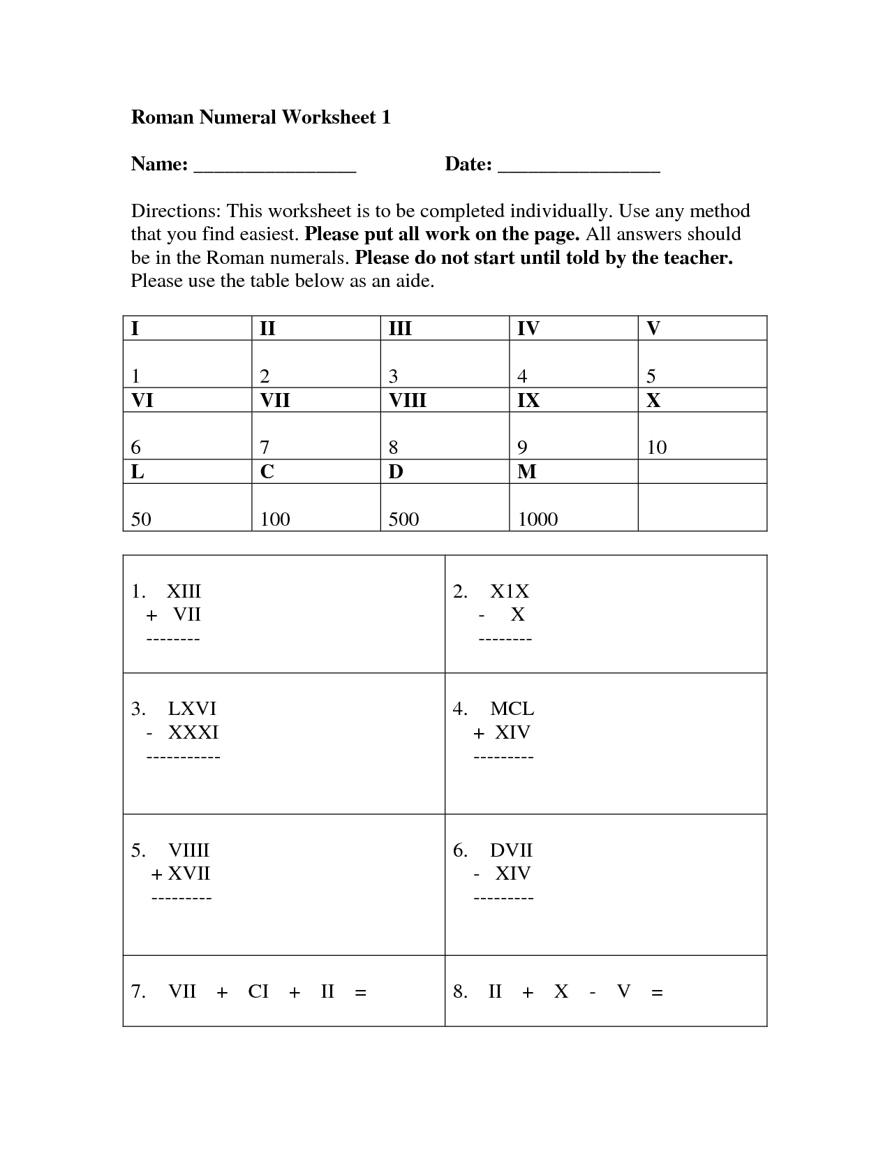 Roman Numerals Printable Worksheets