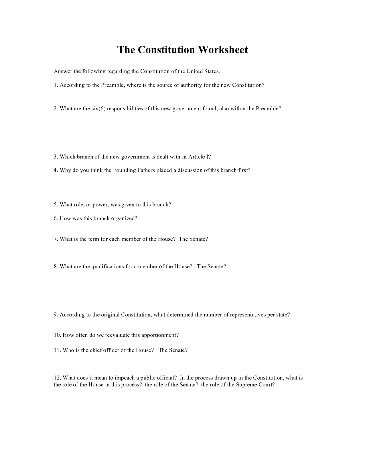 U.S. Constitution Worksheet Answers