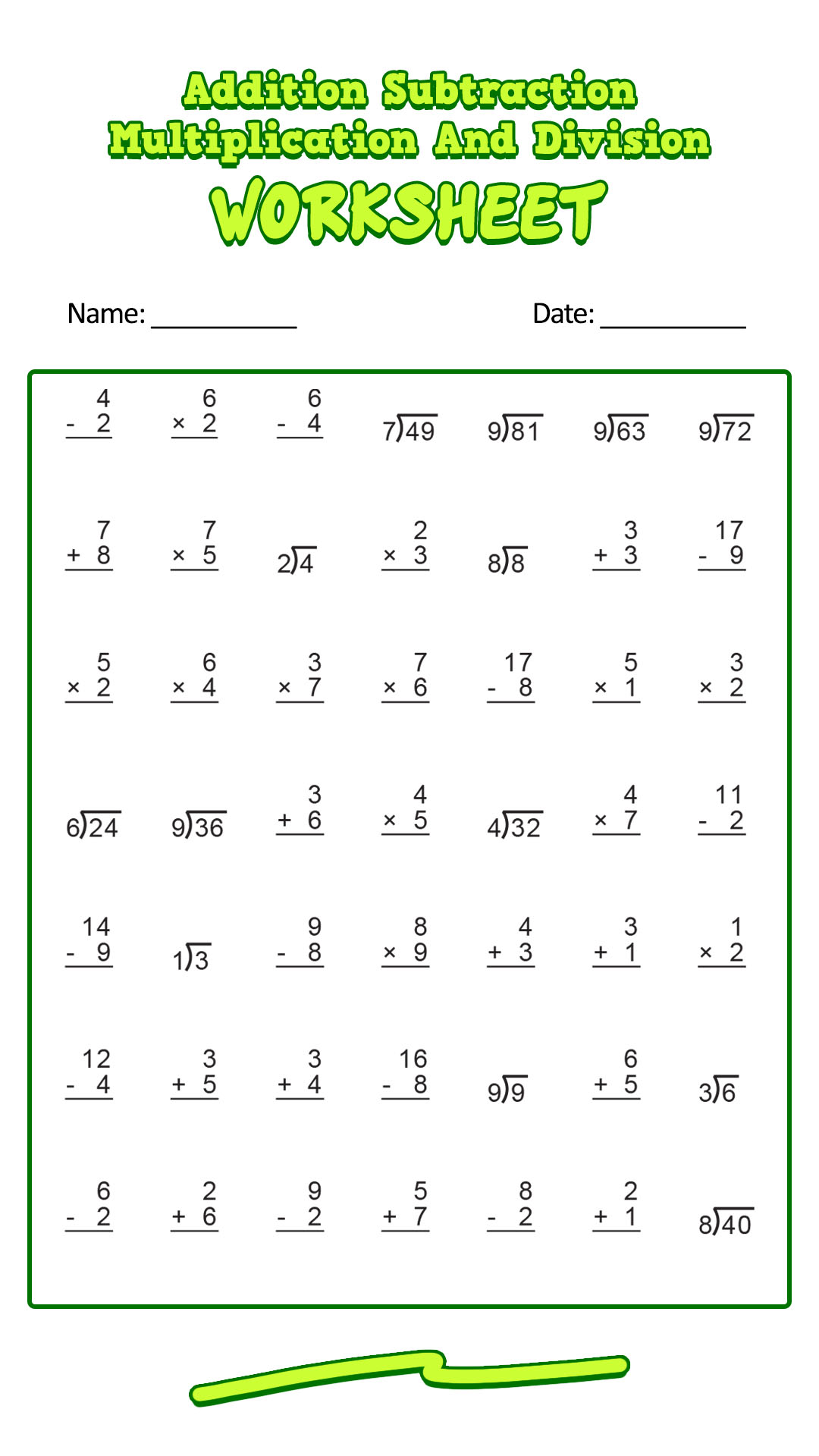 Subtraction Addition Multiplication Division Worksheets
