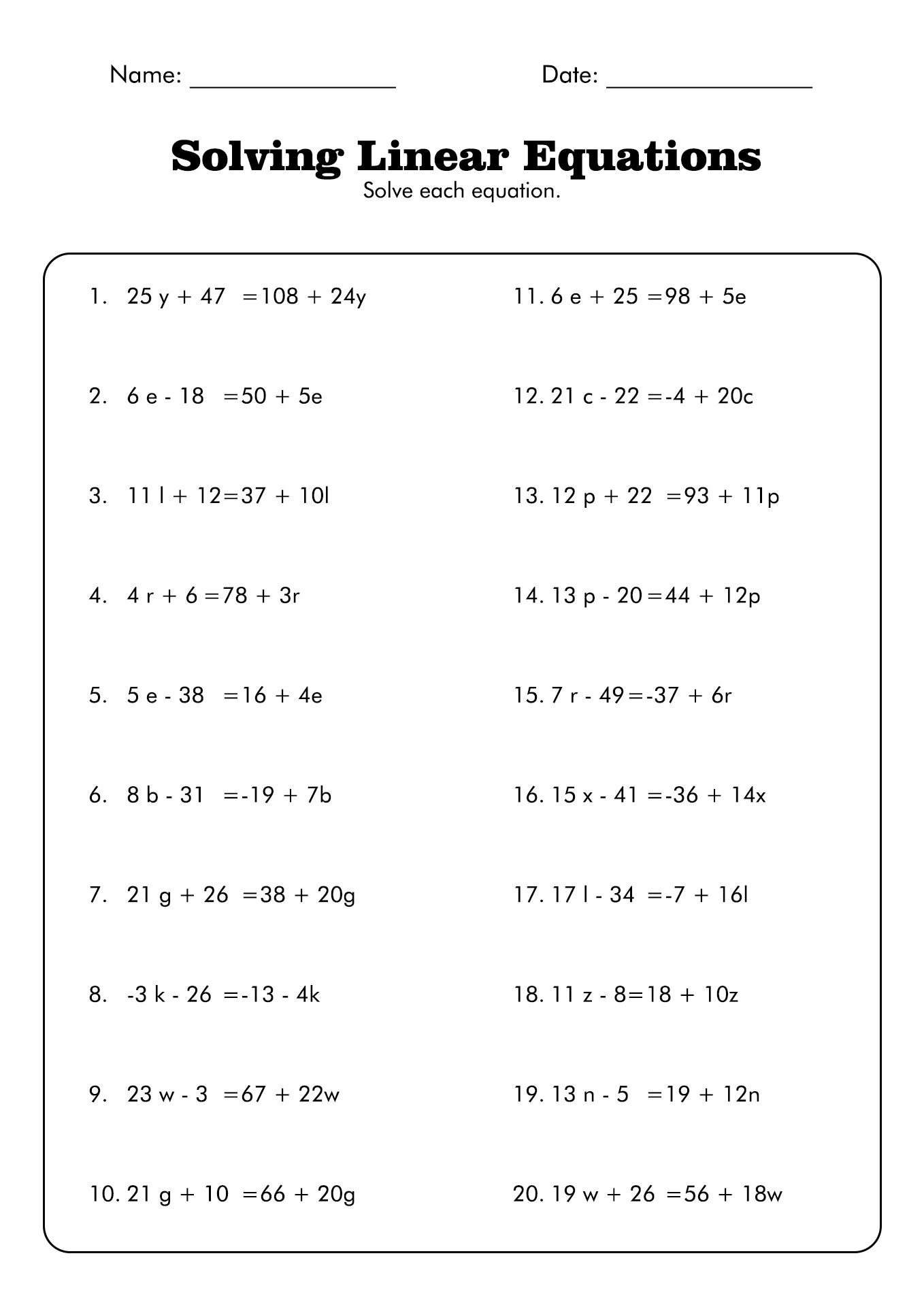 Solving Linear Equations Worksheet Pdf