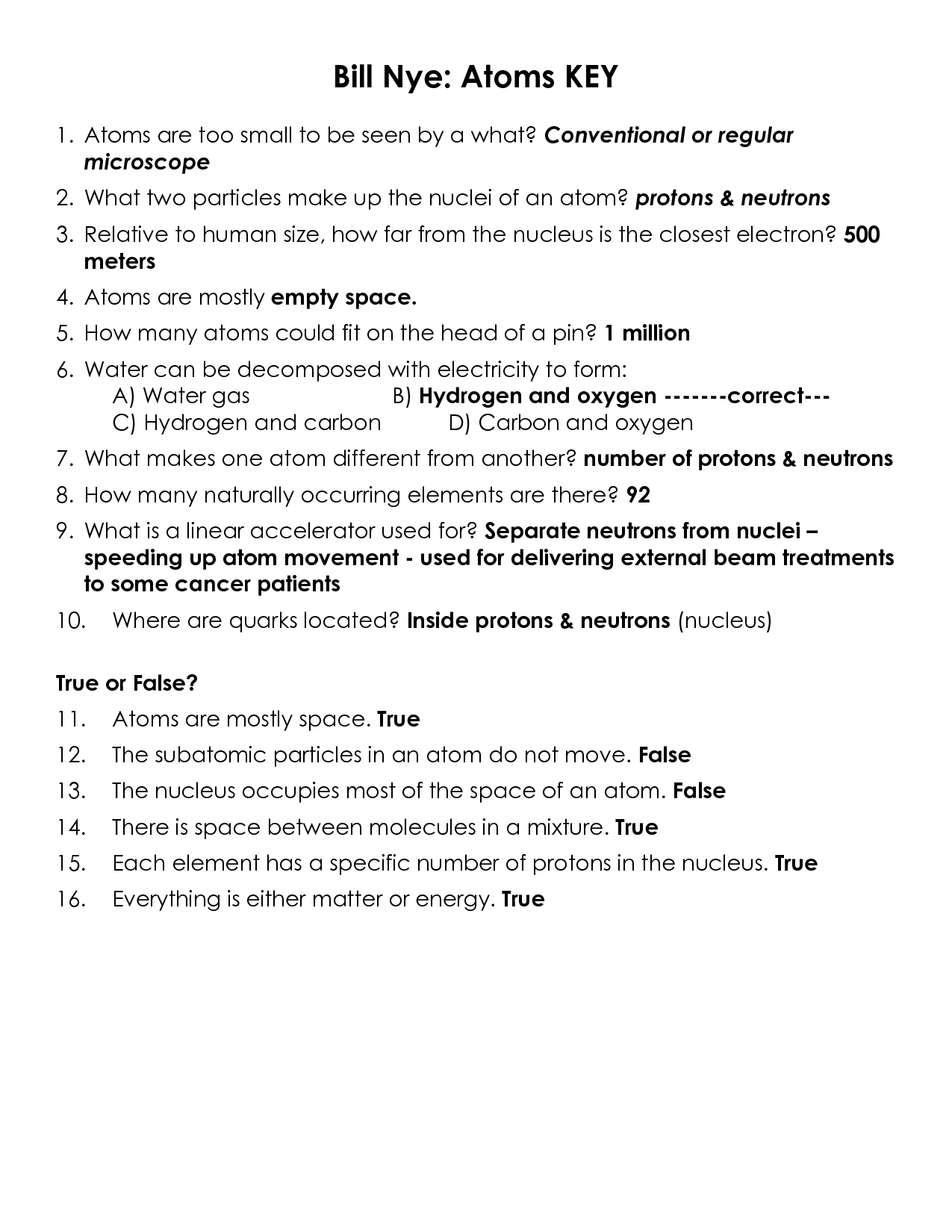 Bill Nye The Science Guy Atoms And Molecules Worksheet Answers