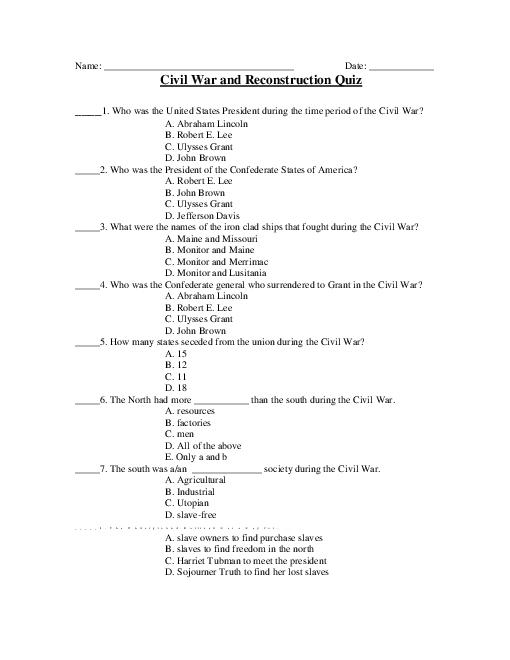 Civil War Worksheet Pdf