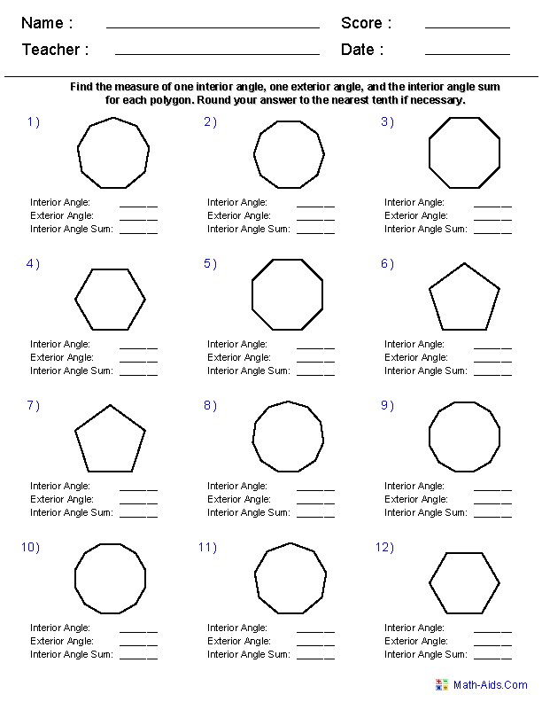 Interior Angles of Polygons Worksheet