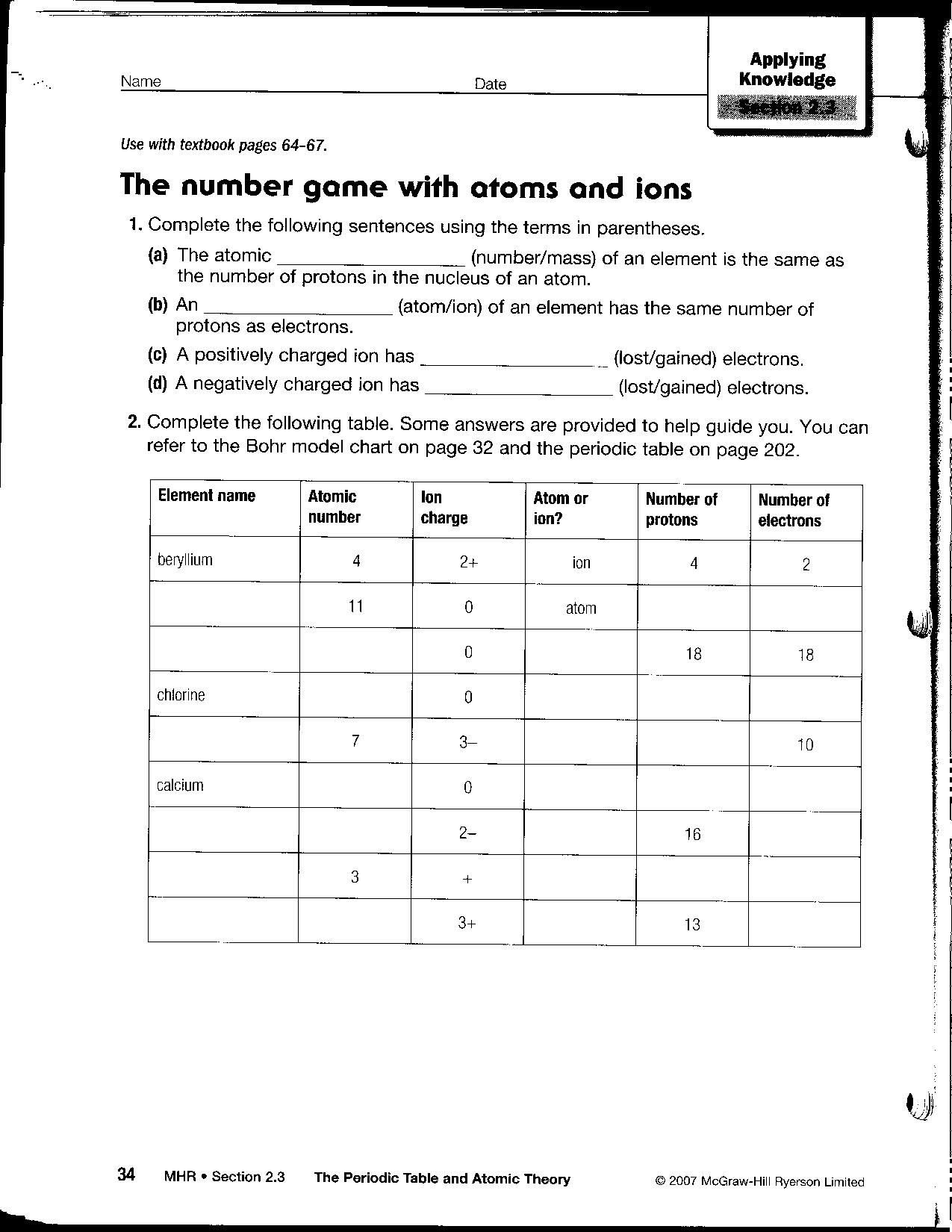 Isotopes and Ions Practice Worksheet Answers