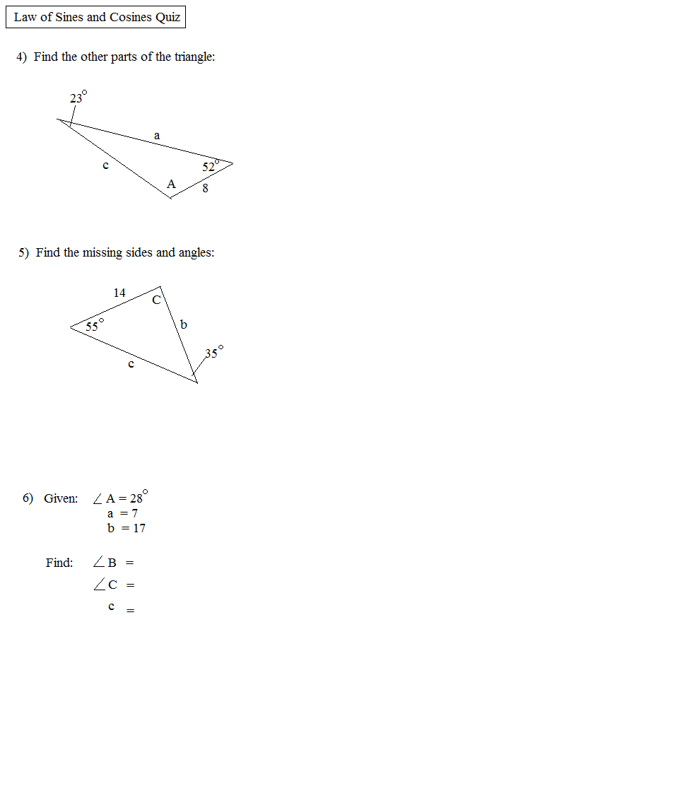 Law Of Sines Worksheet