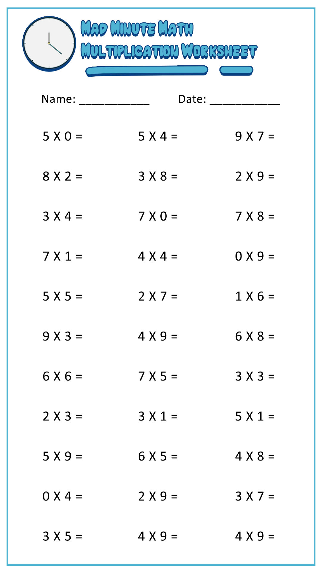 Mad Minute Multiplication Worksheets