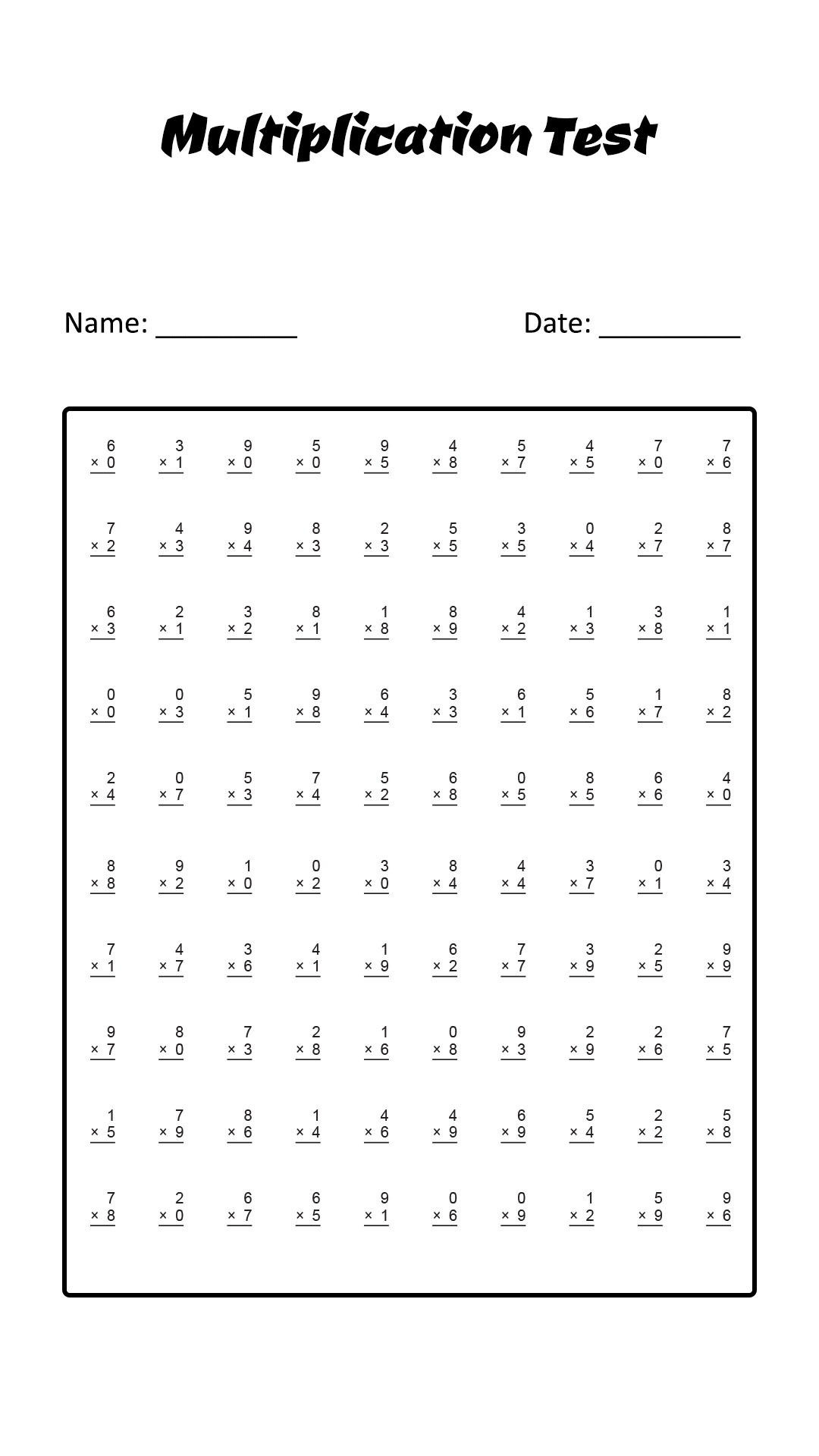 Multiplication Timed Worksheets