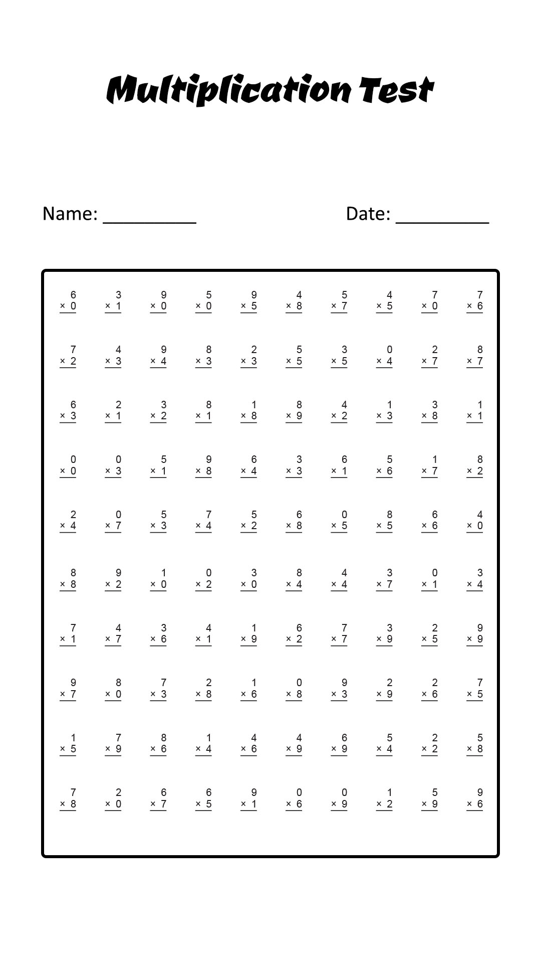 Multiplication Timed Test Printable Printable Templates