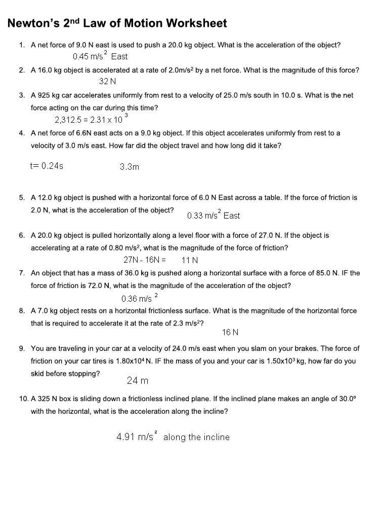 Newton's Second Law of Motion Worksheet