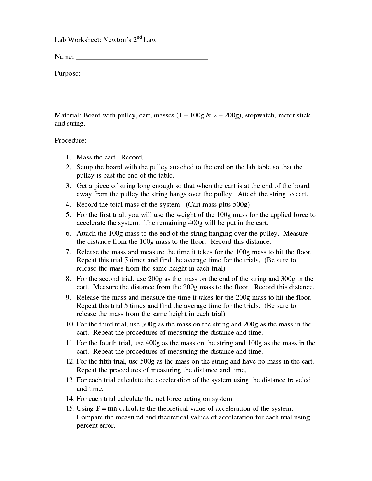 Newton's Second Law Worksheet Answers