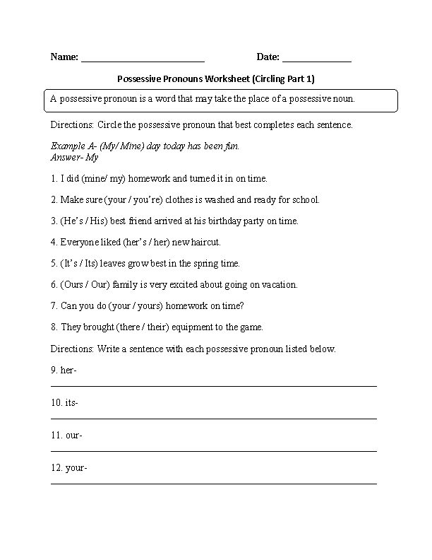 Pdf Free Worksheet For Possessive Pronouns 6th Grade