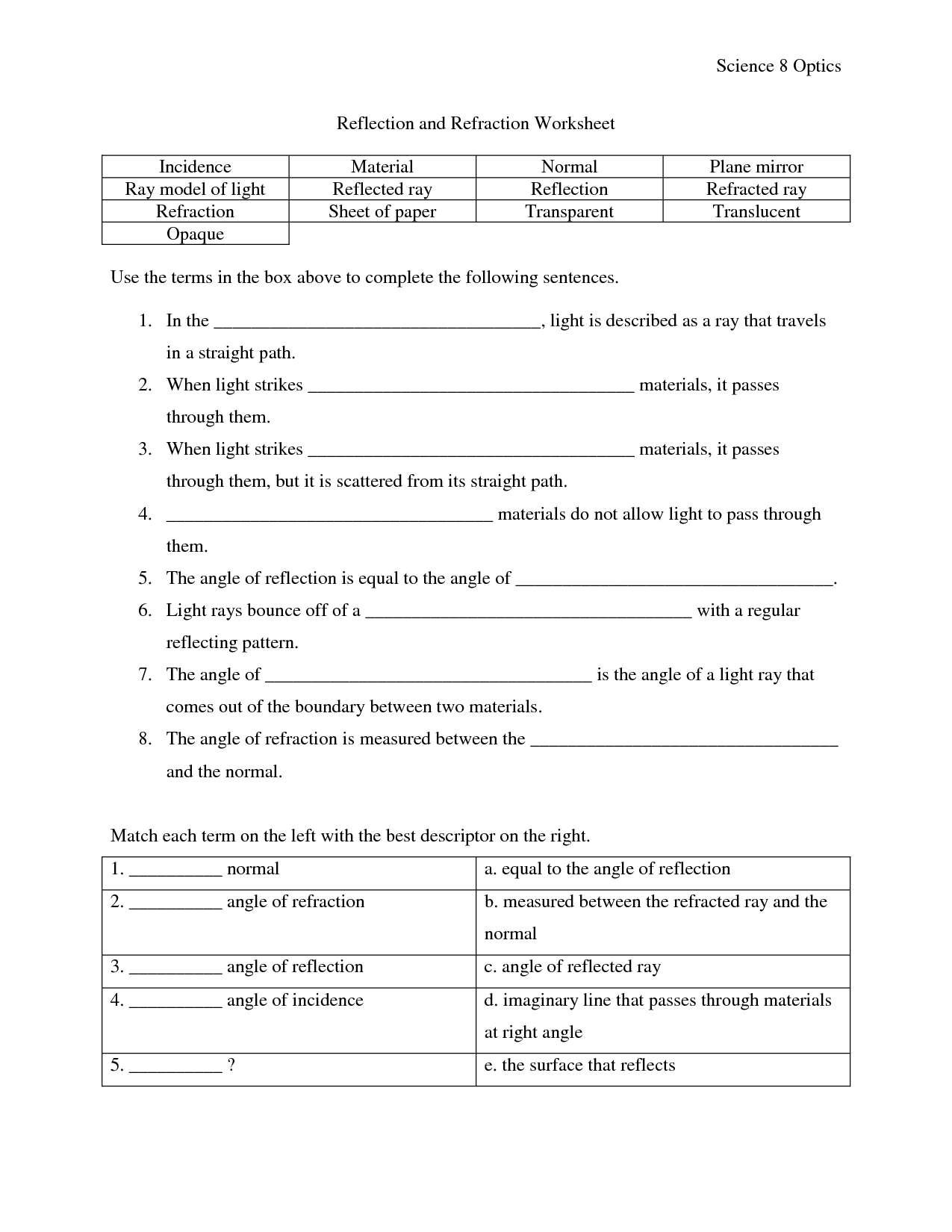 16 Best Images of Science Worksheets On Reflection - Light Reflection