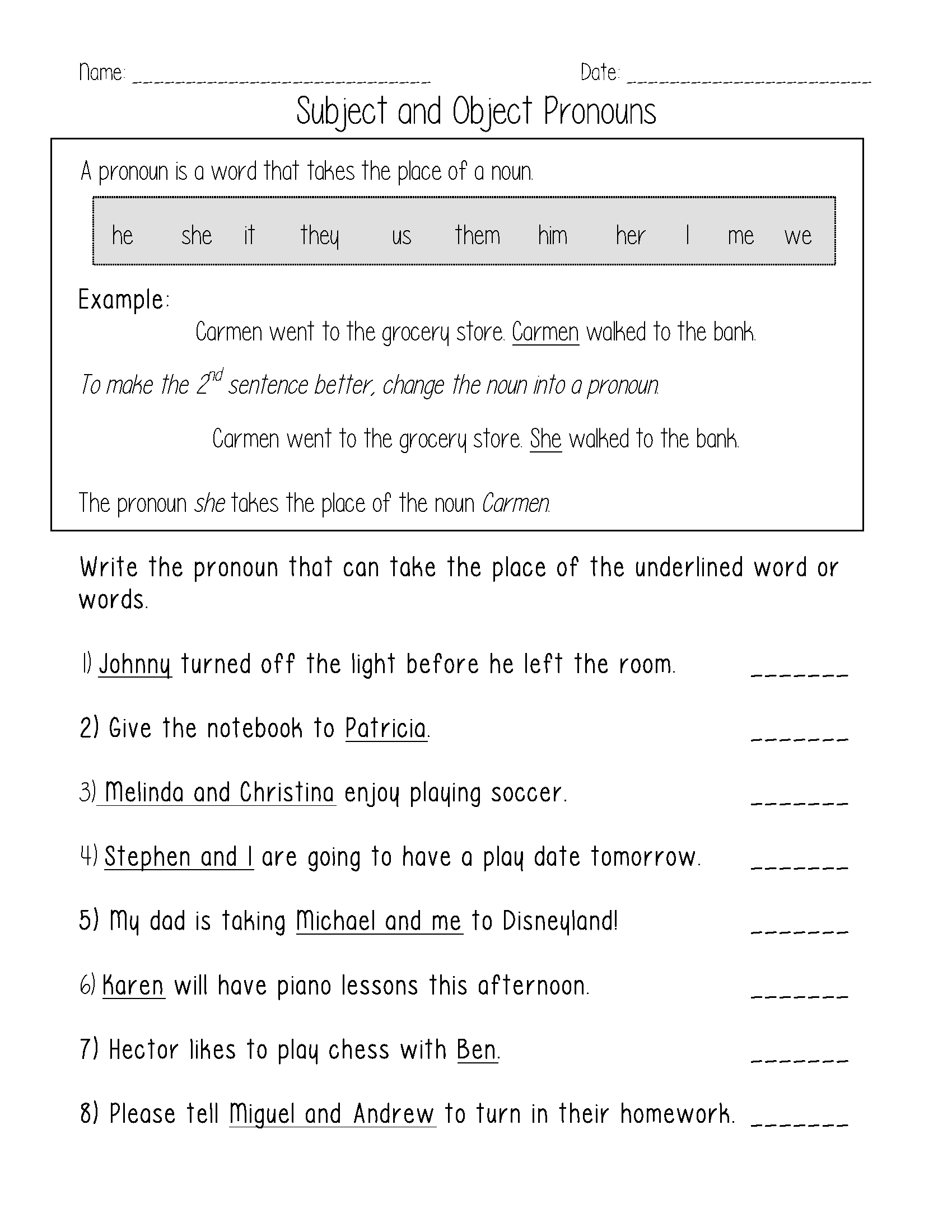 Subjective Pronoun Worksheets