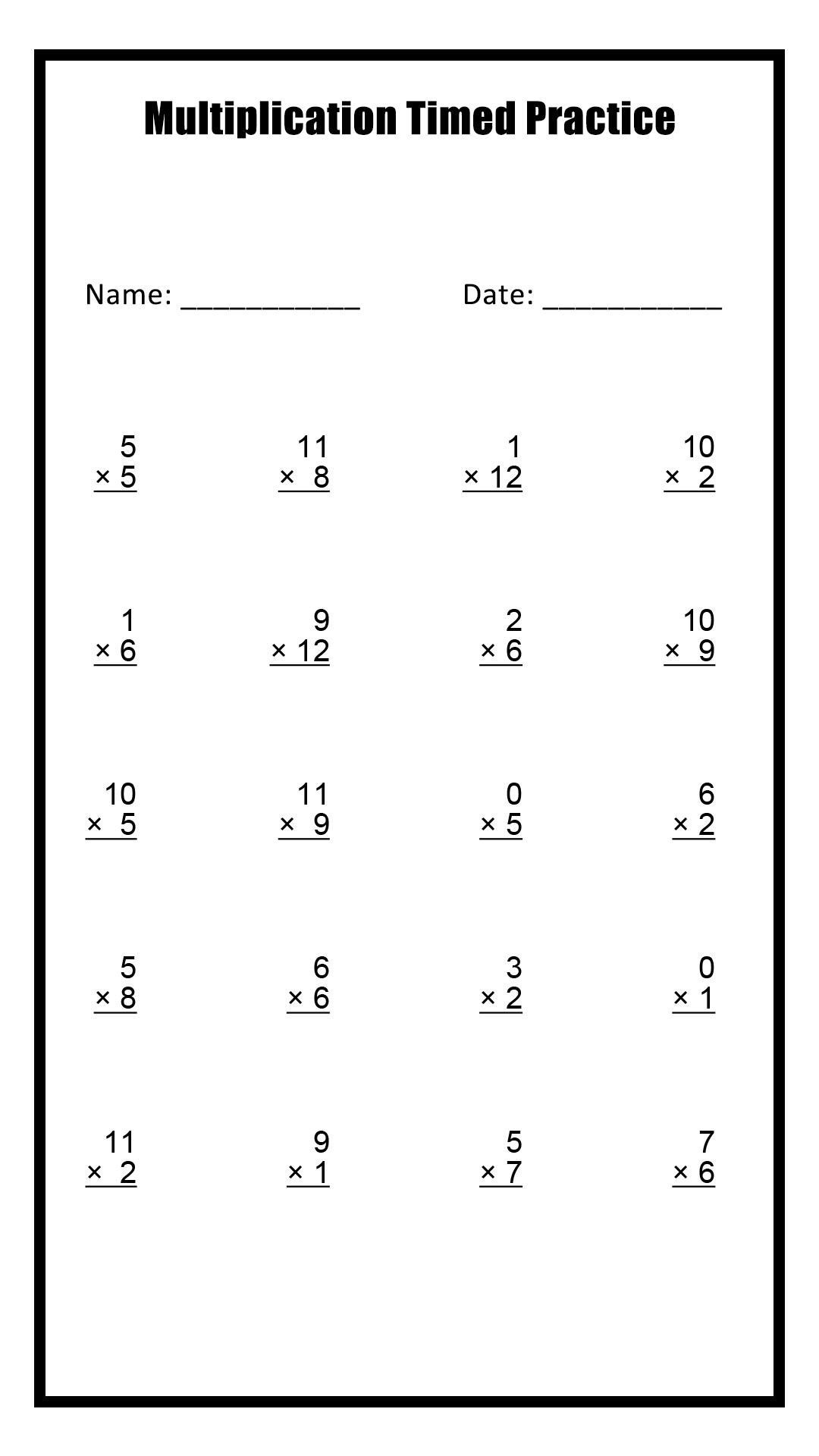 3 Minute Multiplication Timed Test Worksheet