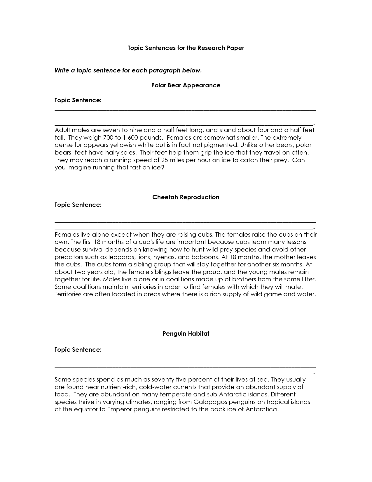 Topic Sentences Pdf Worksheets