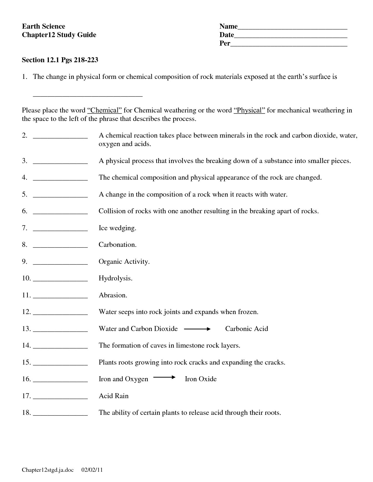 Weathering Worksheet Answers