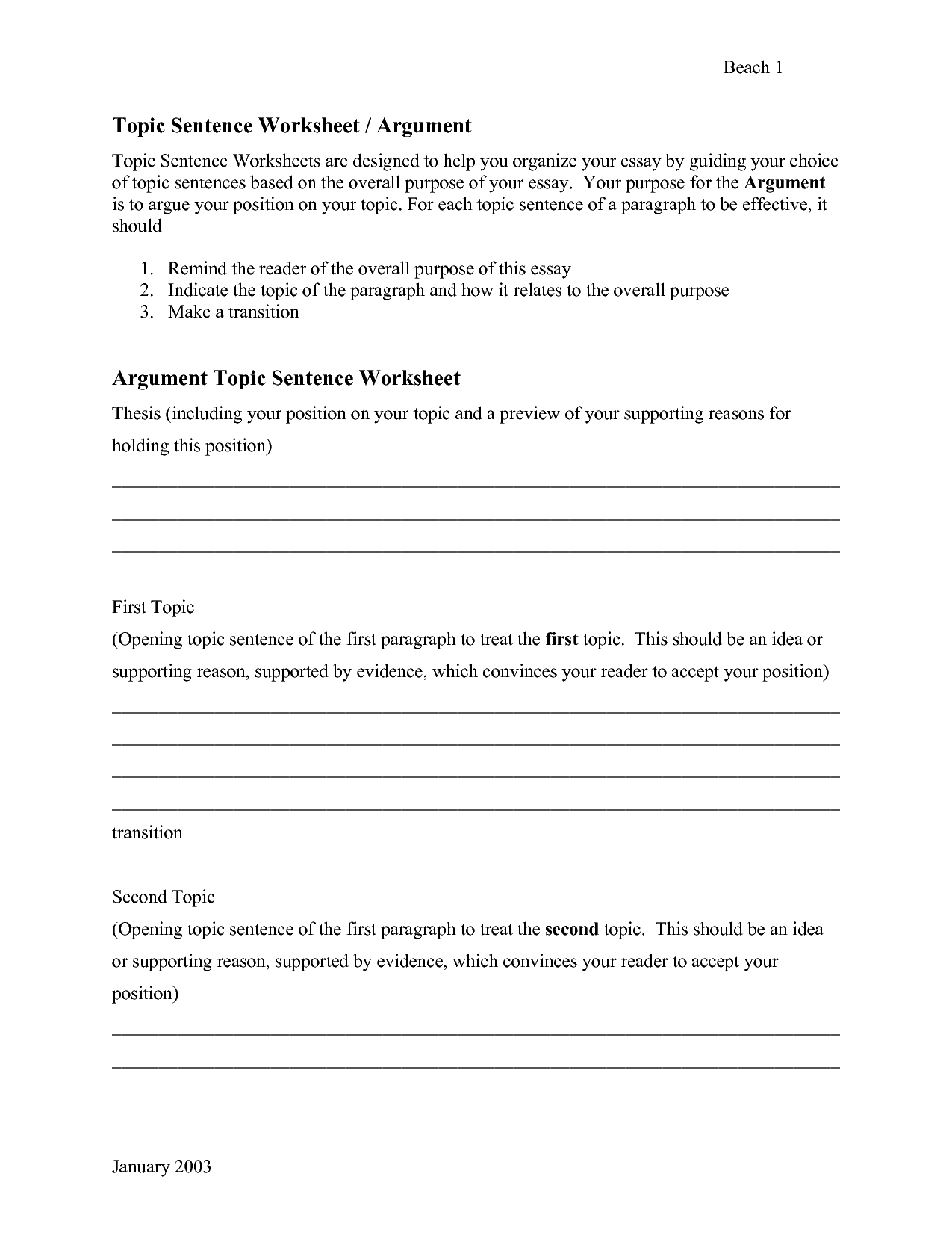 Creating Topic Sentences Worksheet