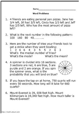 5th Grade Math Word Problems Worksheets
