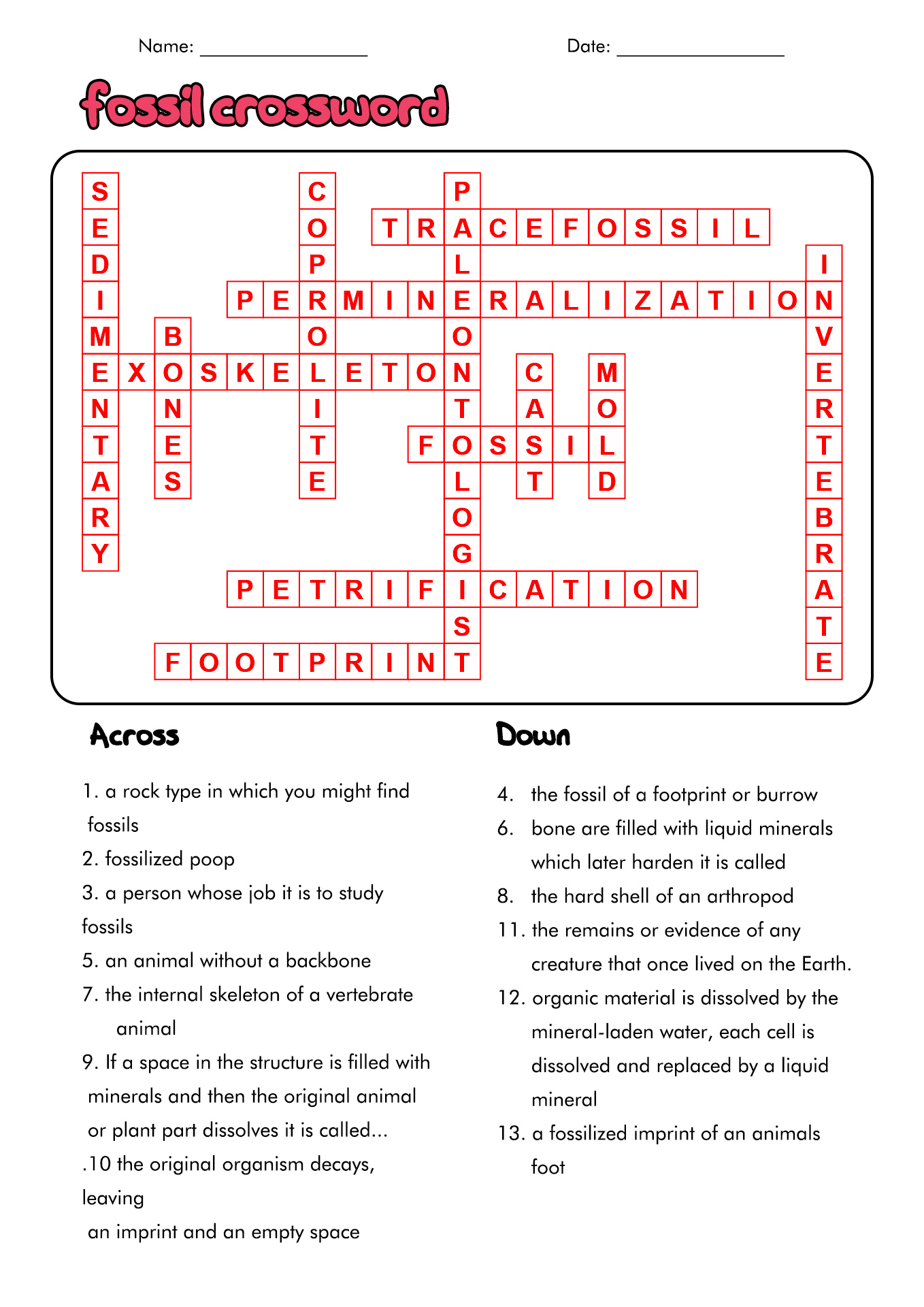 Index Fossil Worksheet Printable Word Searches