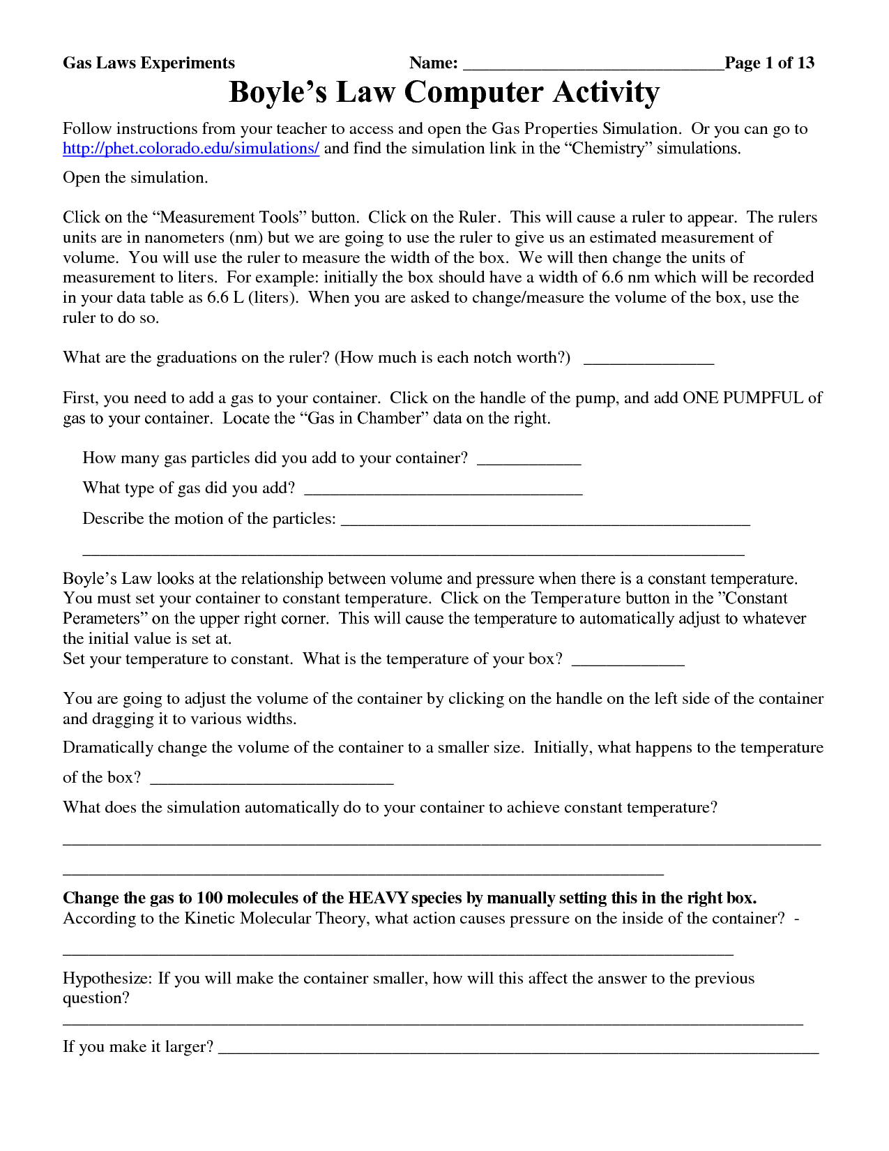 Boyle's Law Worksheet Answer Key