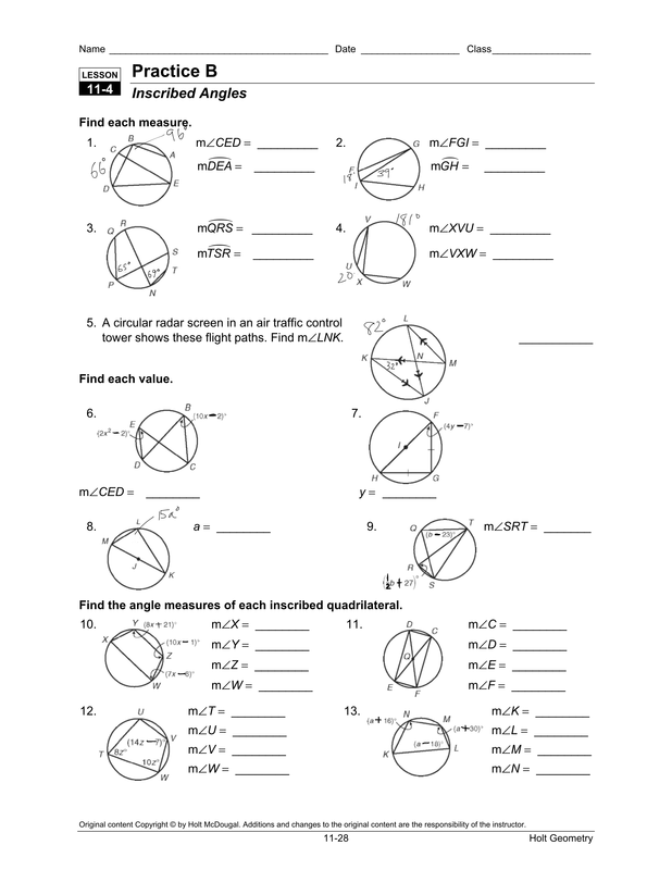 Central Angles Worksheet Answers