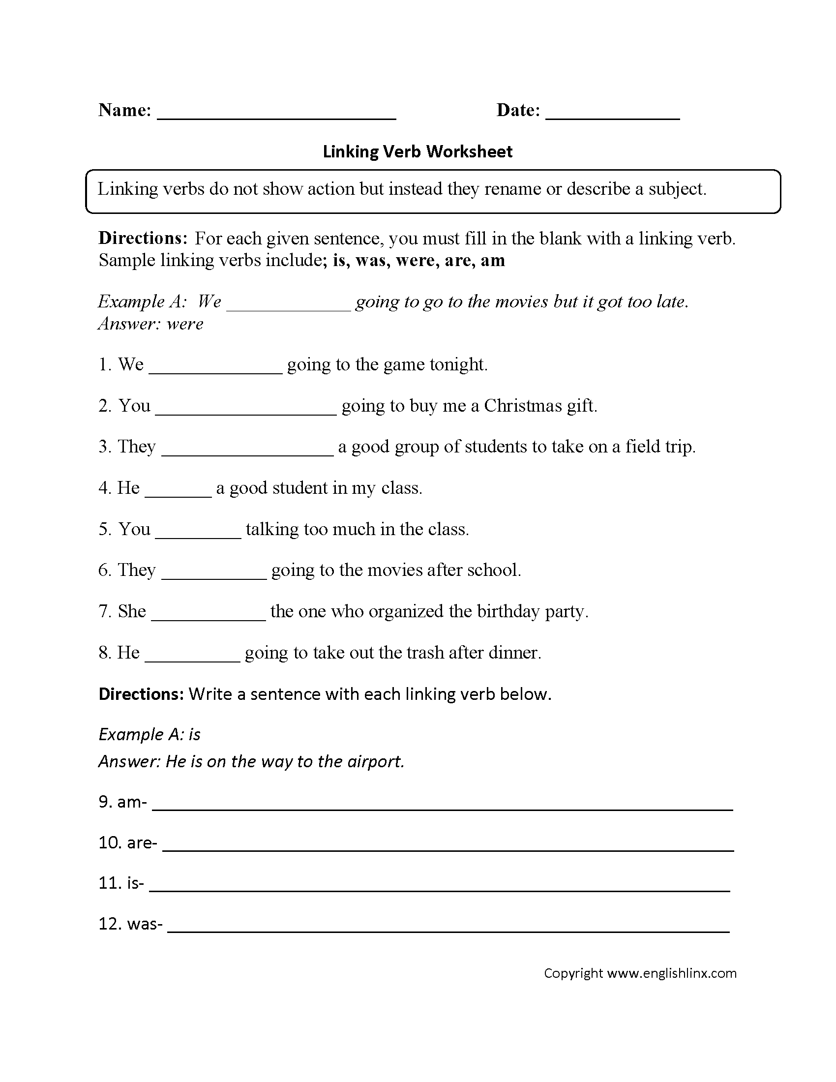 Action And Linking Verbs Worksheet