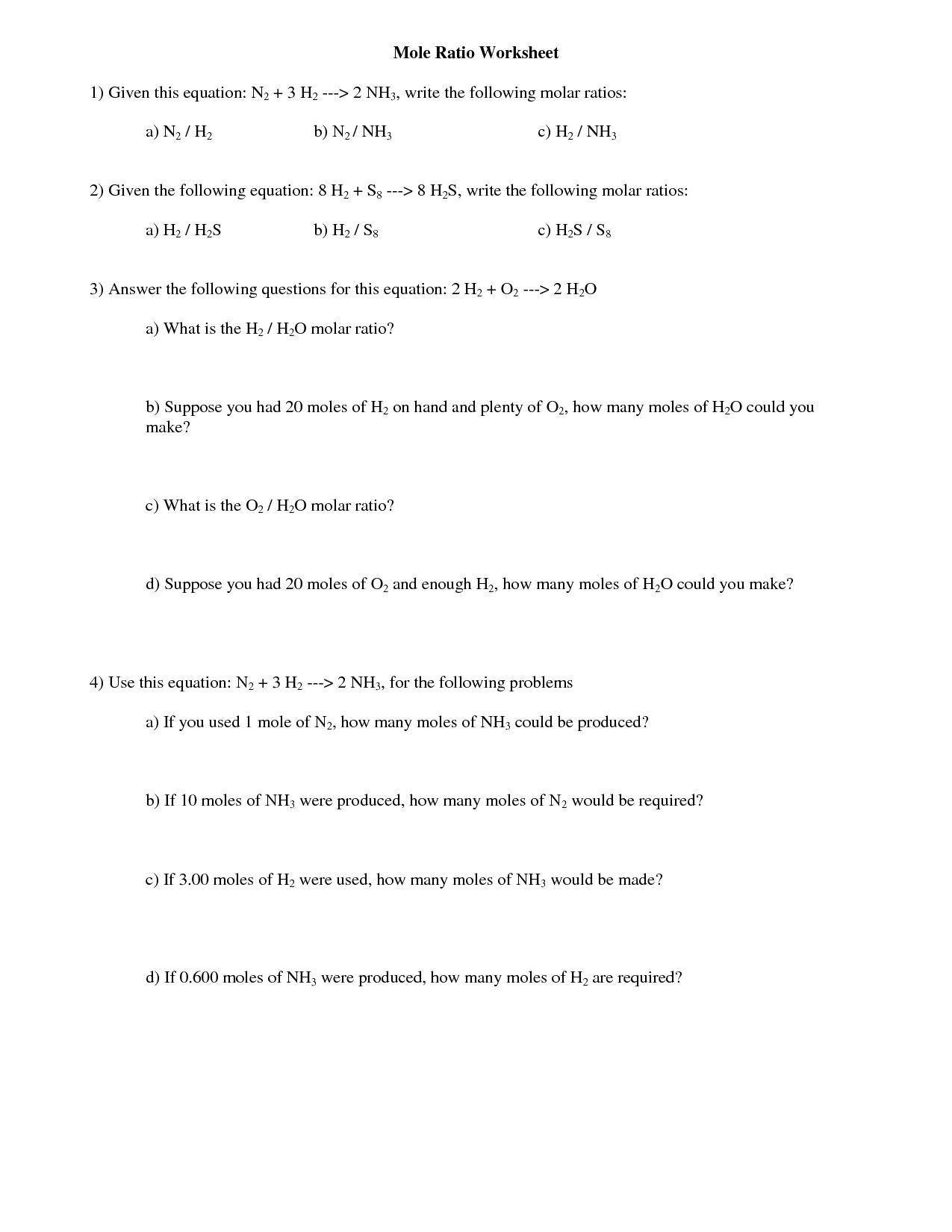 Mole Ratio Worksheet Answer Key