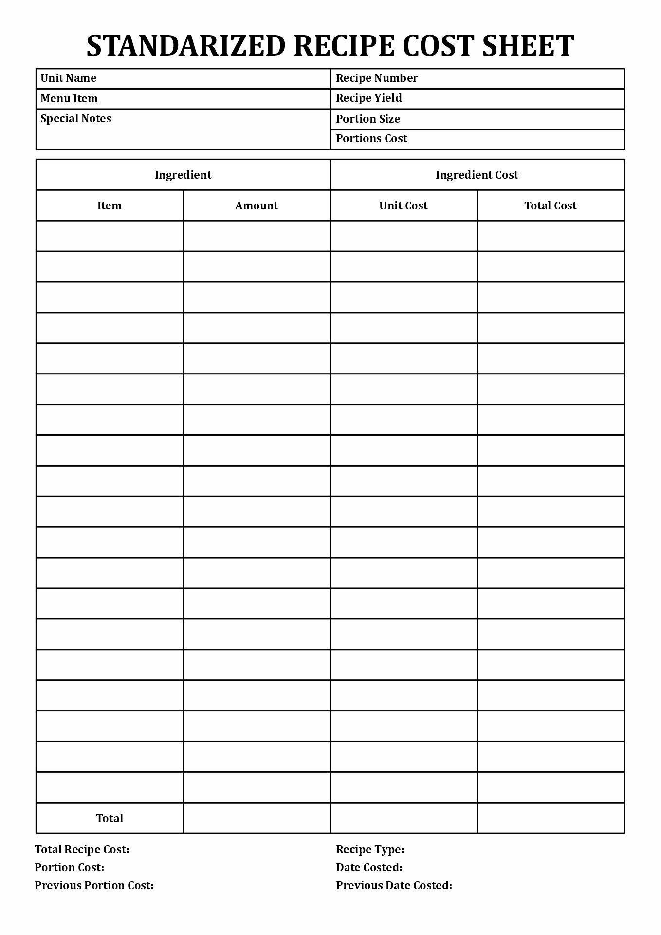 6 Best Images Of Recipe Costing Worksheet Recipe Analysis Worksheet 