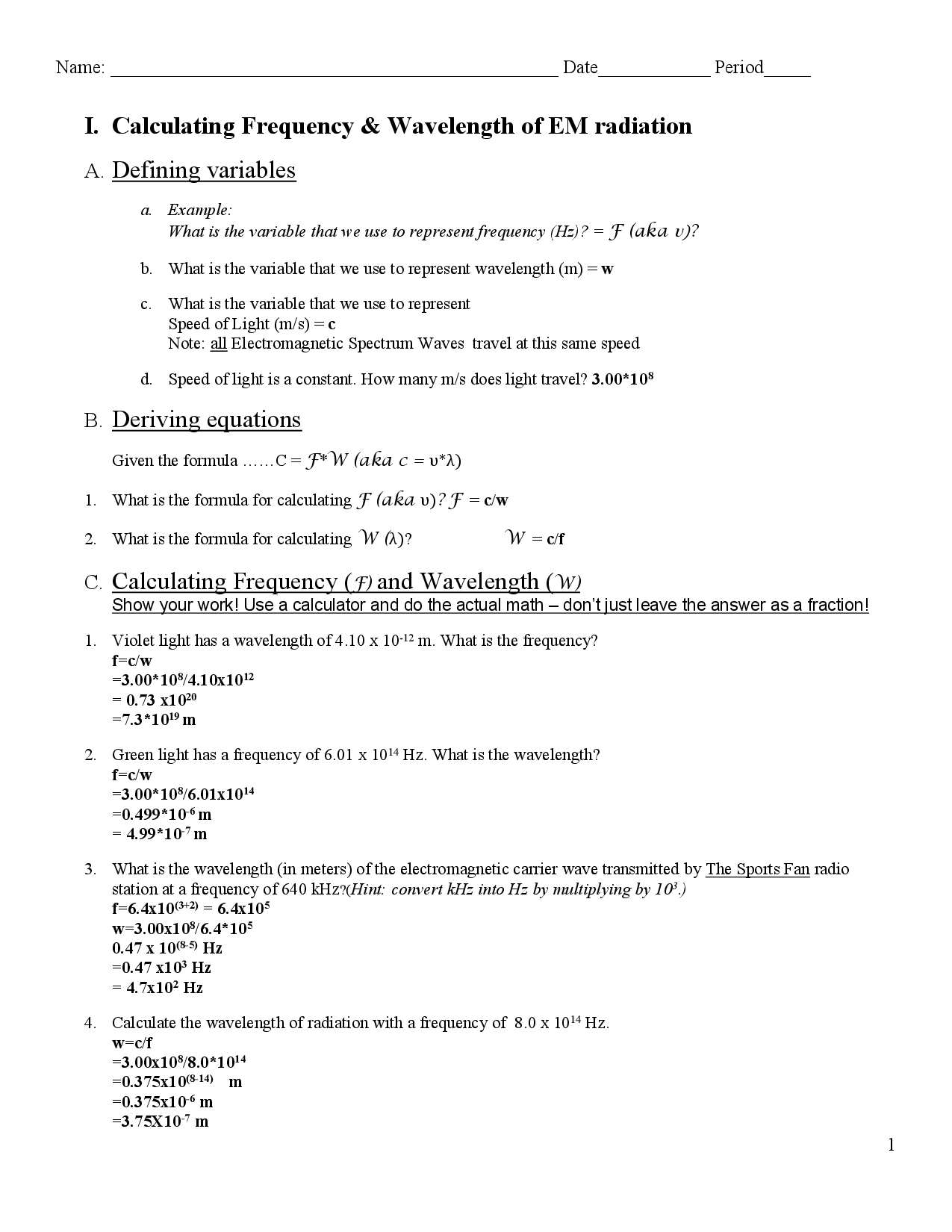 Electromagnetic Spectrum Worksheet Answers