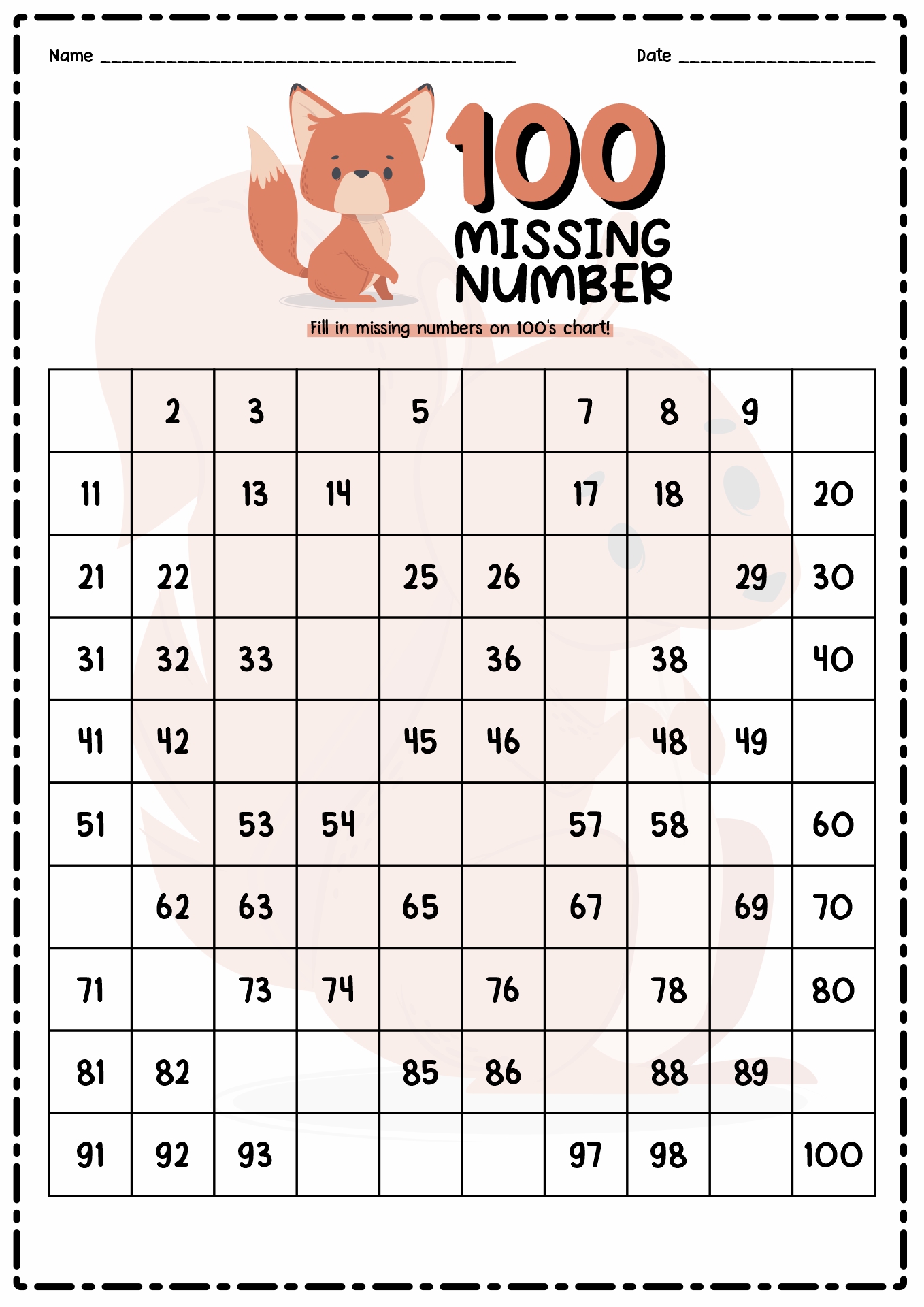 Fill Missing Numbers 100 Square Worksheet