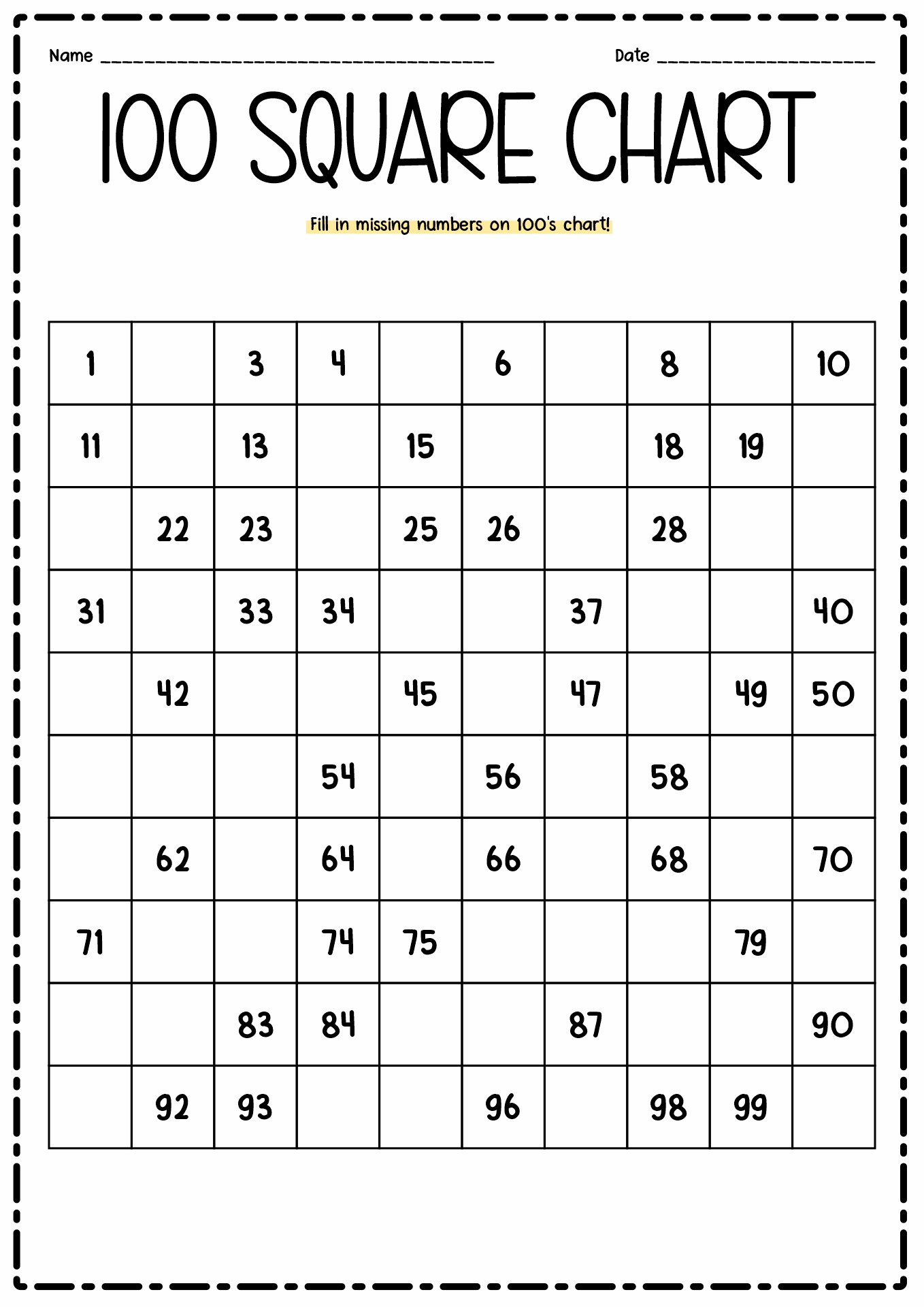 Missing Numbers 100 Square Worksheet