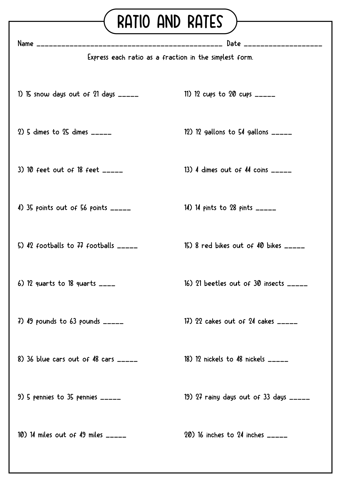 Ratio Worksheets 6th Grade