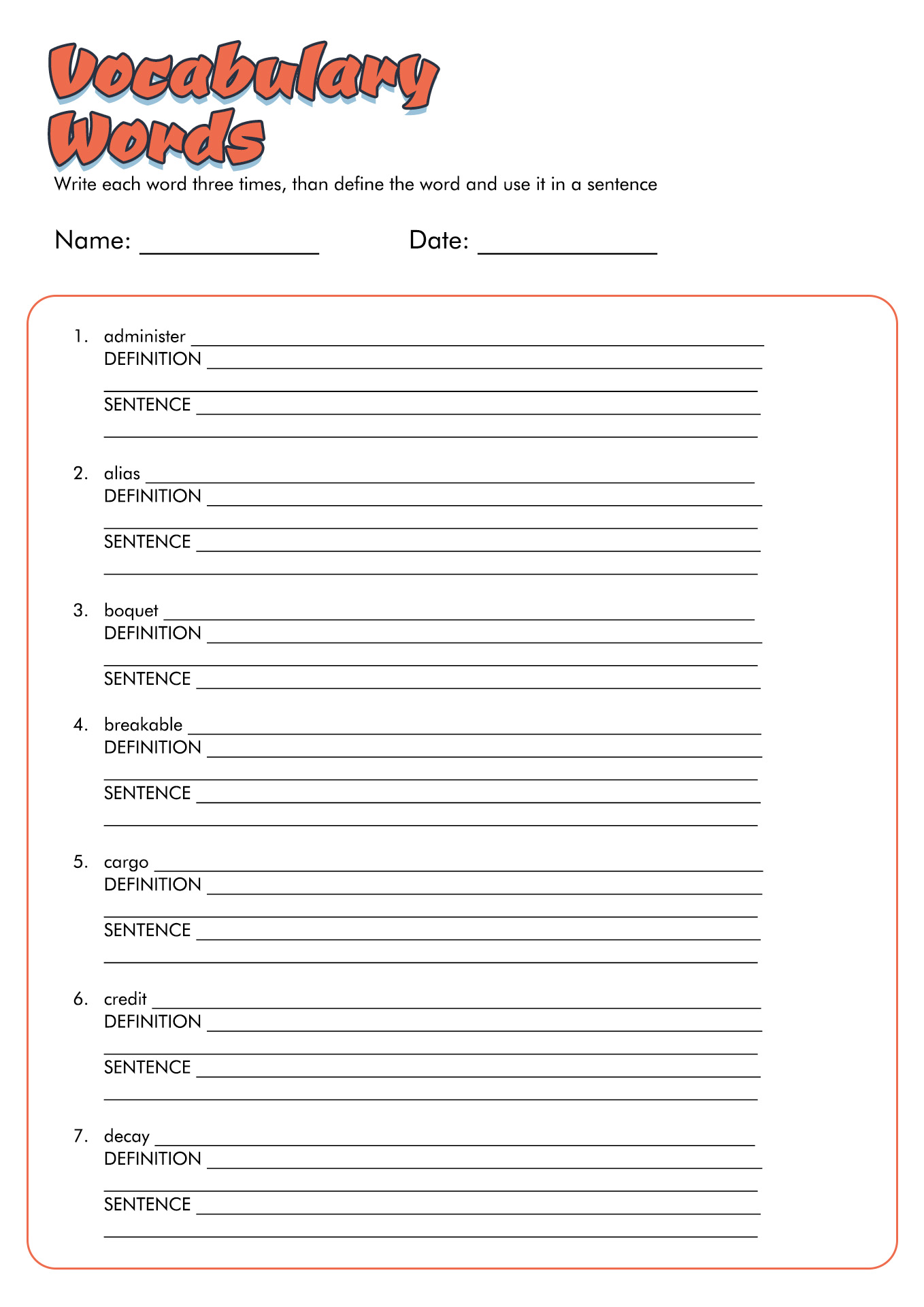 7th Grade Words And Definitions