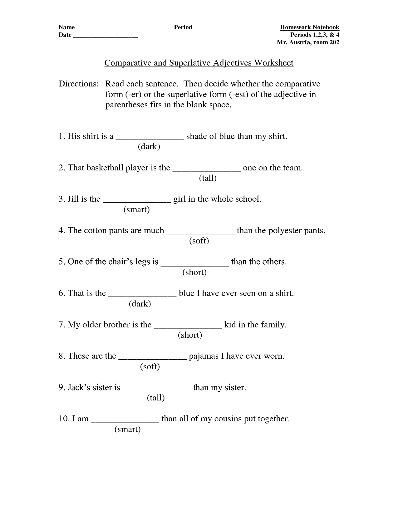 3rd Grade Comparative Adjectives Worksheet