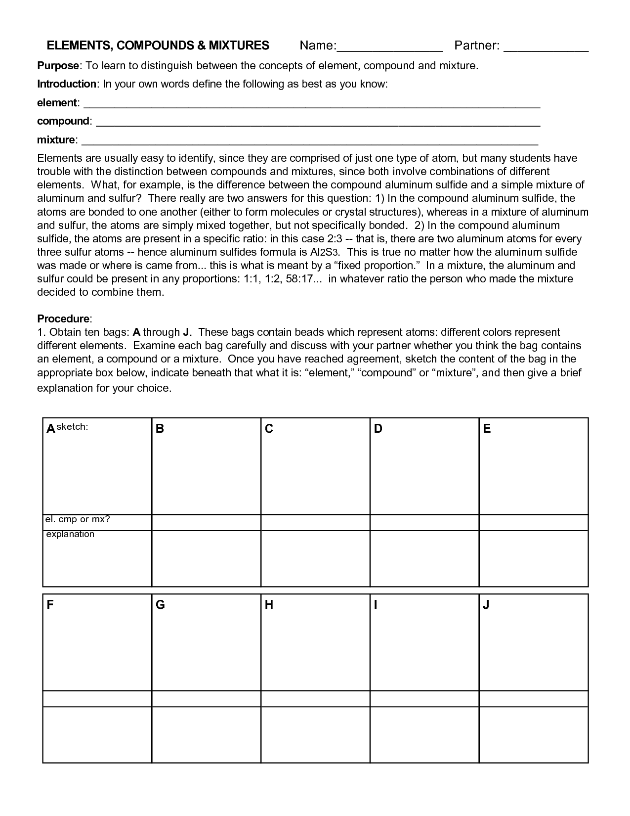 Elements Compounds Mixtures Worksheet Answers