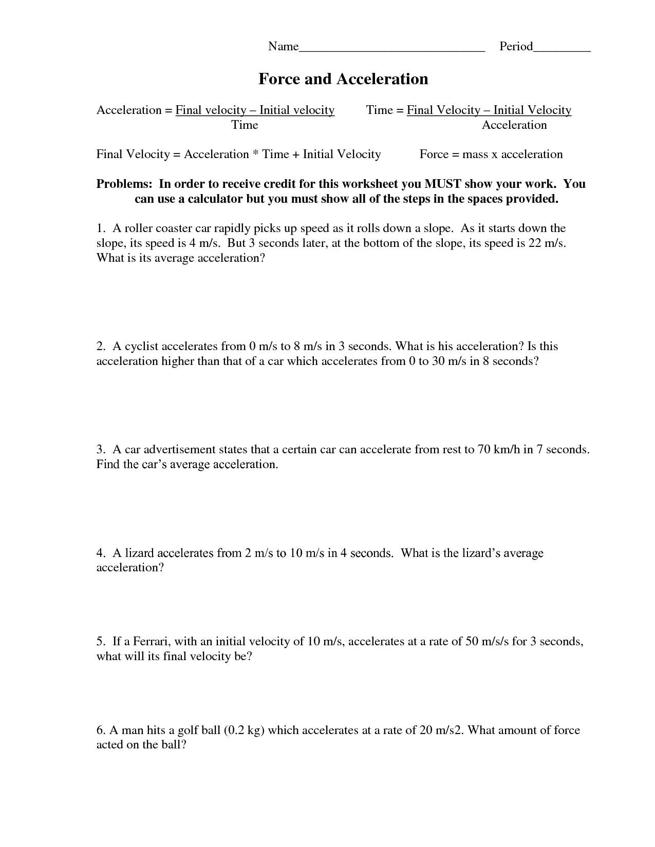 Practice Worksheet Net Force And Acceleration Answer Sheet