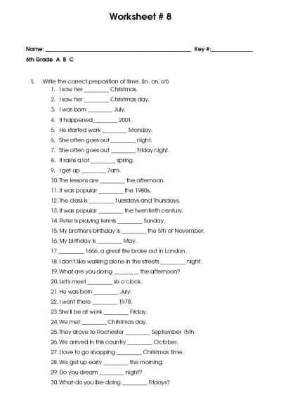  Worksheets Prepositions of Time