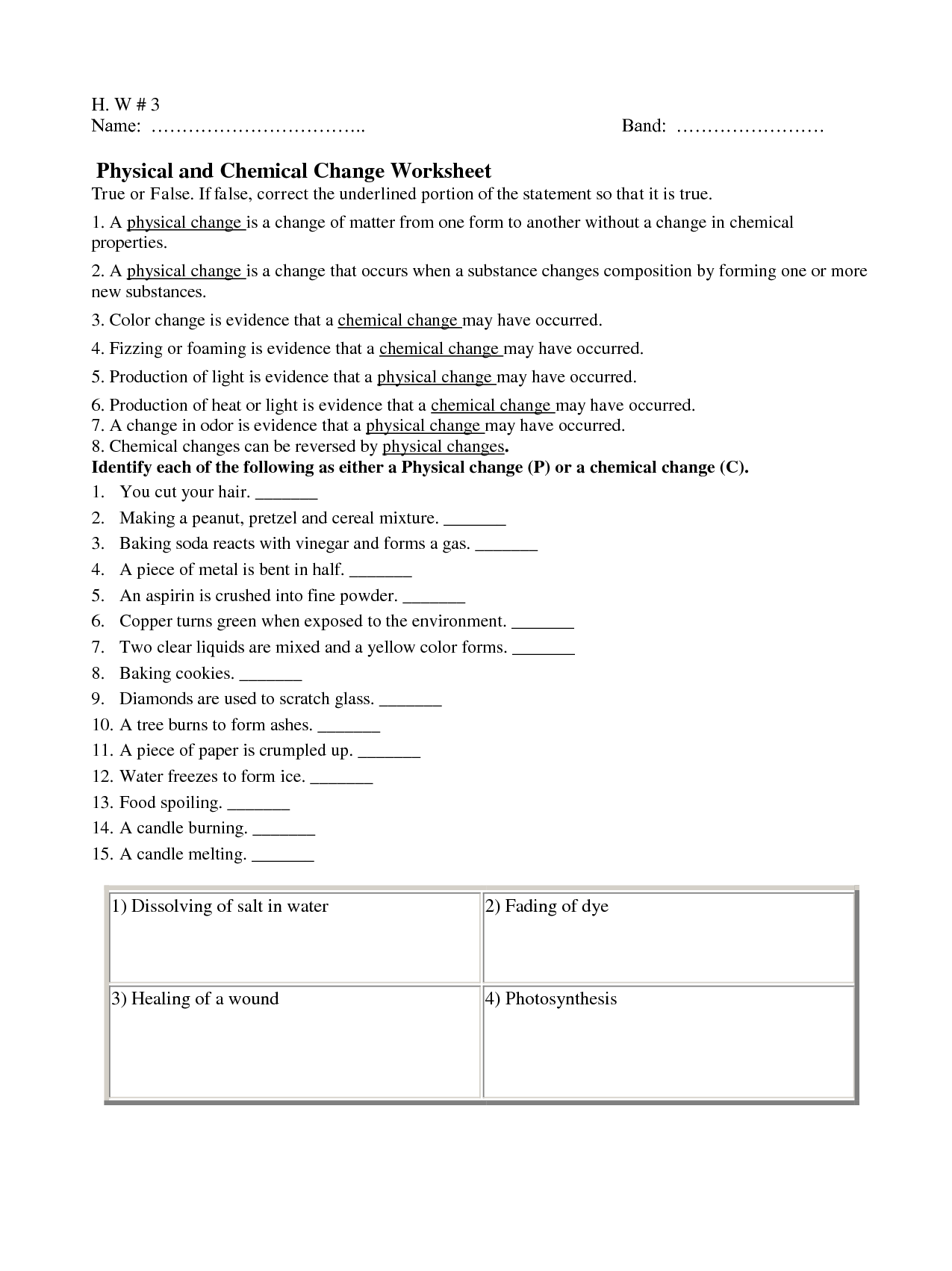 Chemical And Physical Change Worksheet