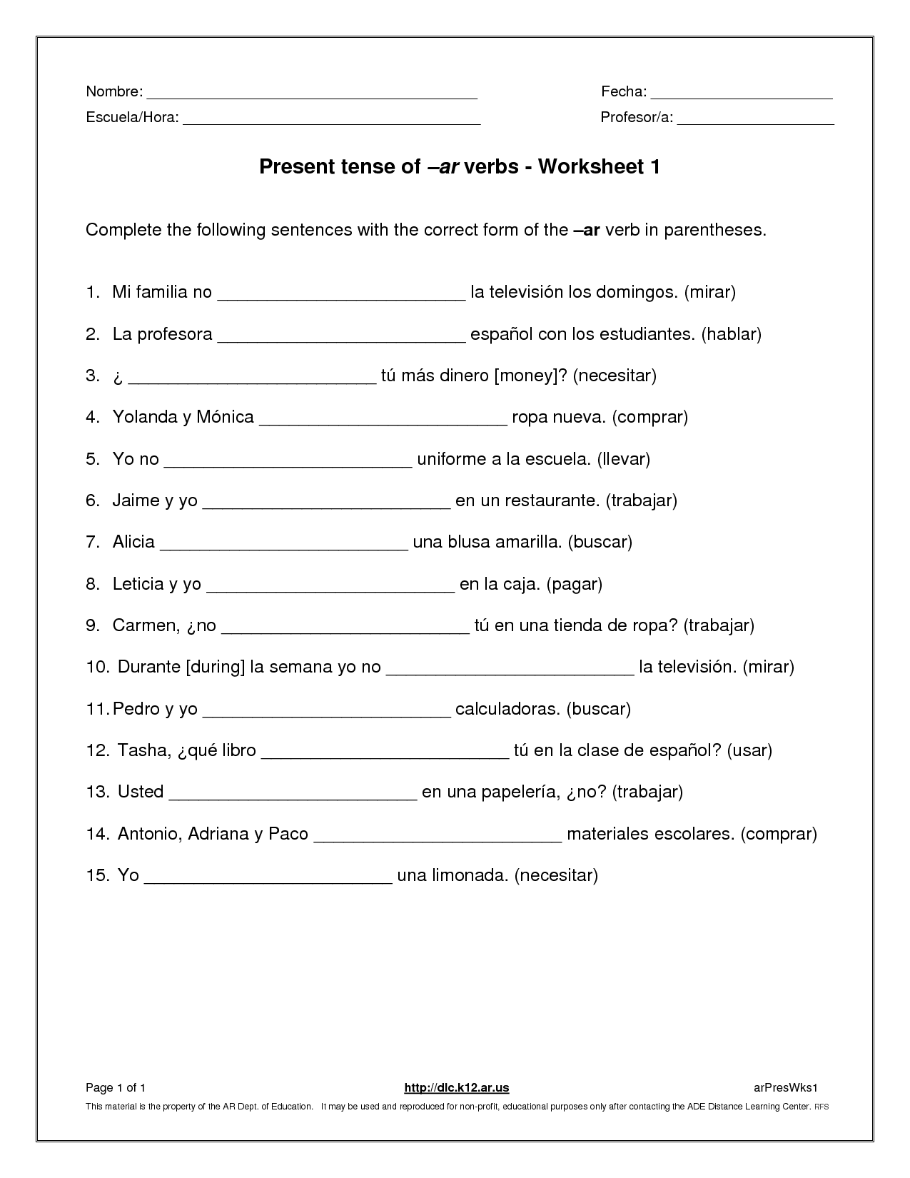 Present Tense Verb Conjugation Worksheet