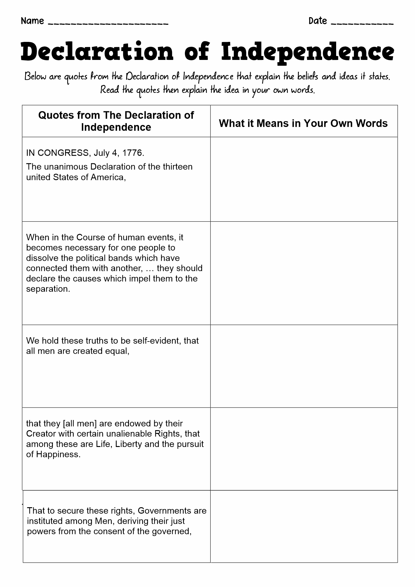 Declaration Of Independence English Worksheet