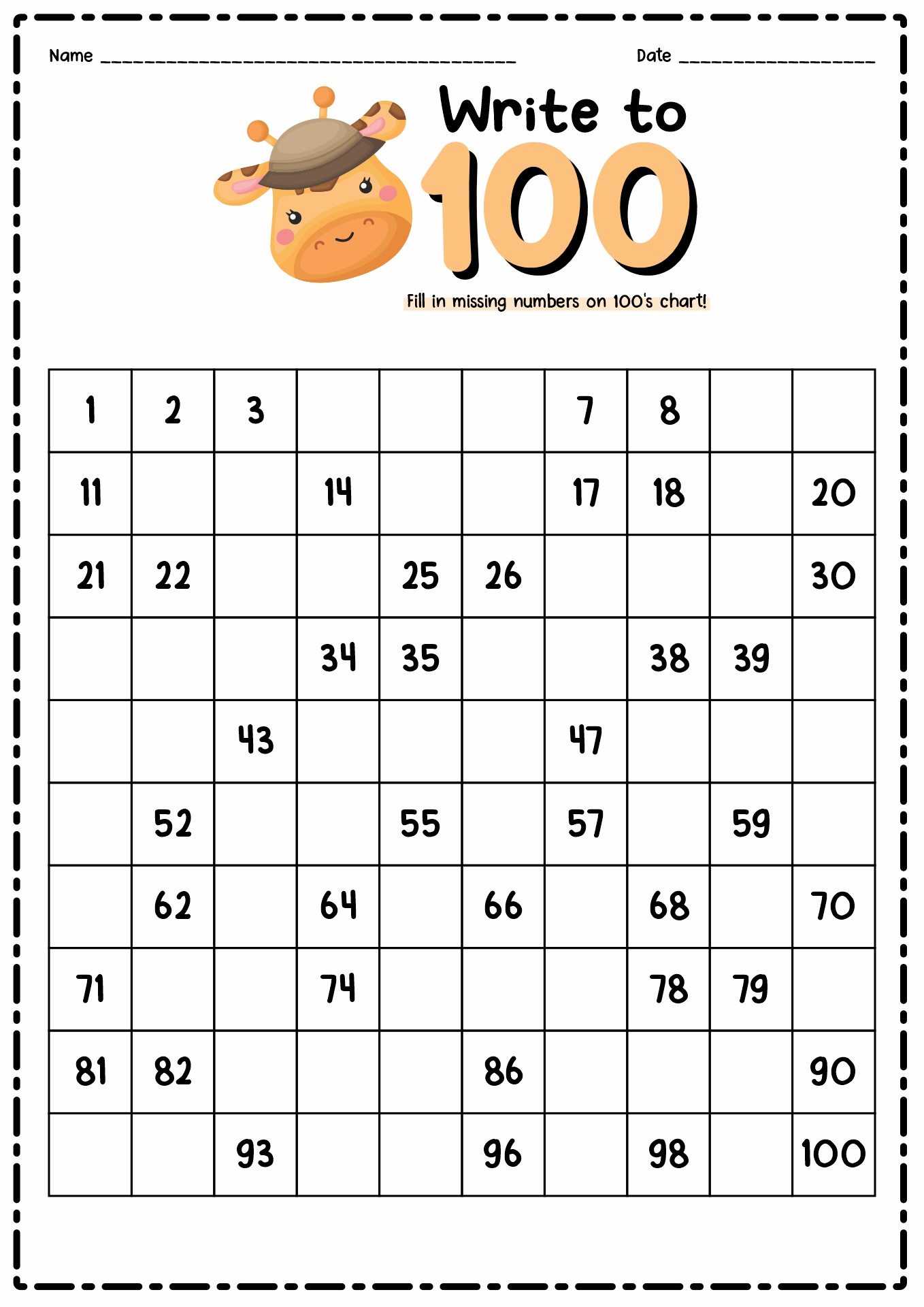 100 Chart Missing Numbers Worksheet