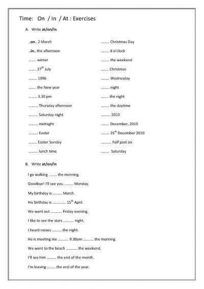 Worksheet Prepositions of Time Exercises